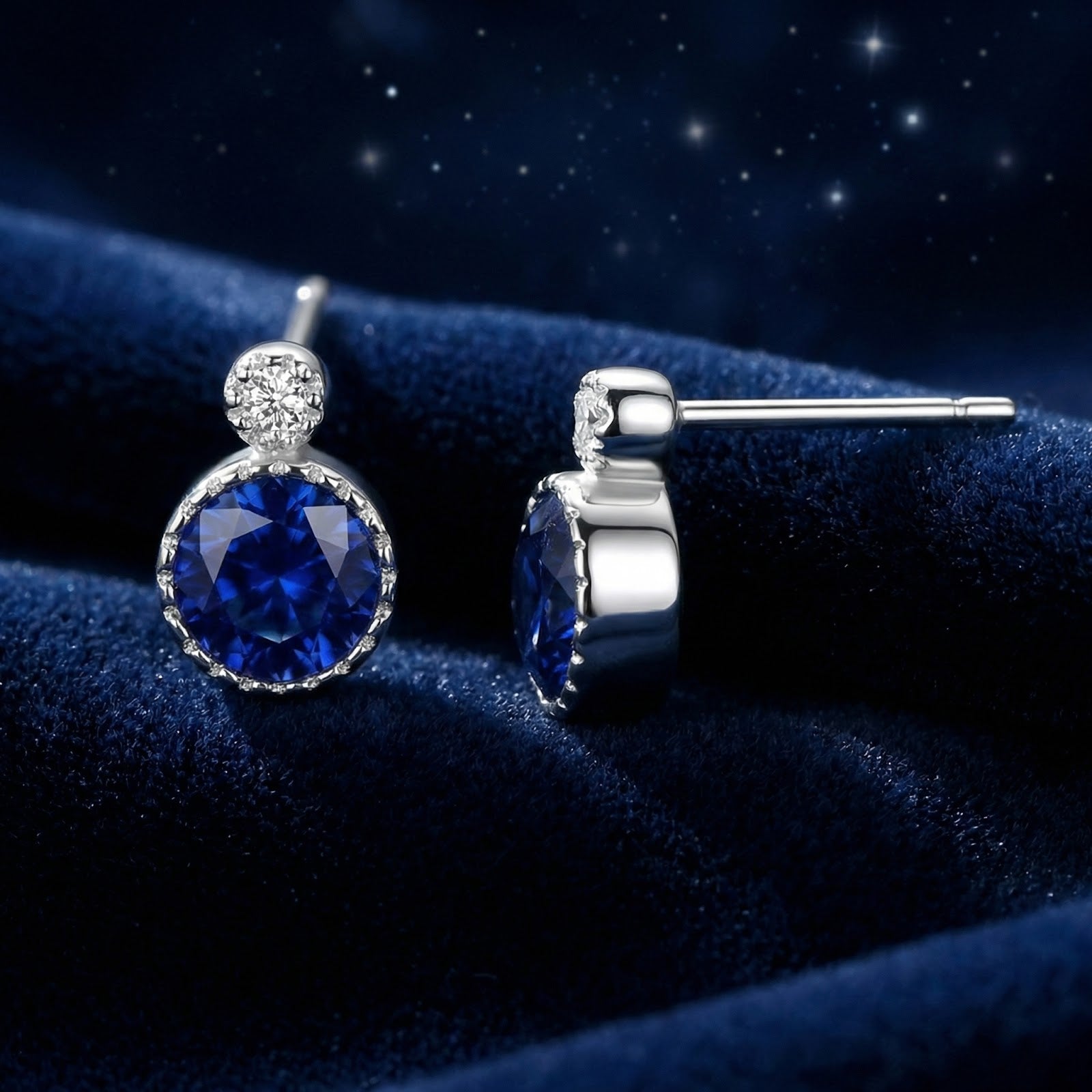 Front and side view of round blue sapphire halo stud earrings in sterling silver on blue velvet.