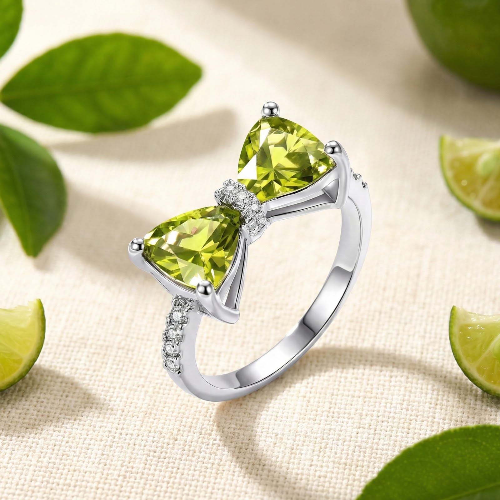Sterling silver bow ring with trillion-cut lime green simulated peridots on a textured surface with lime slices.