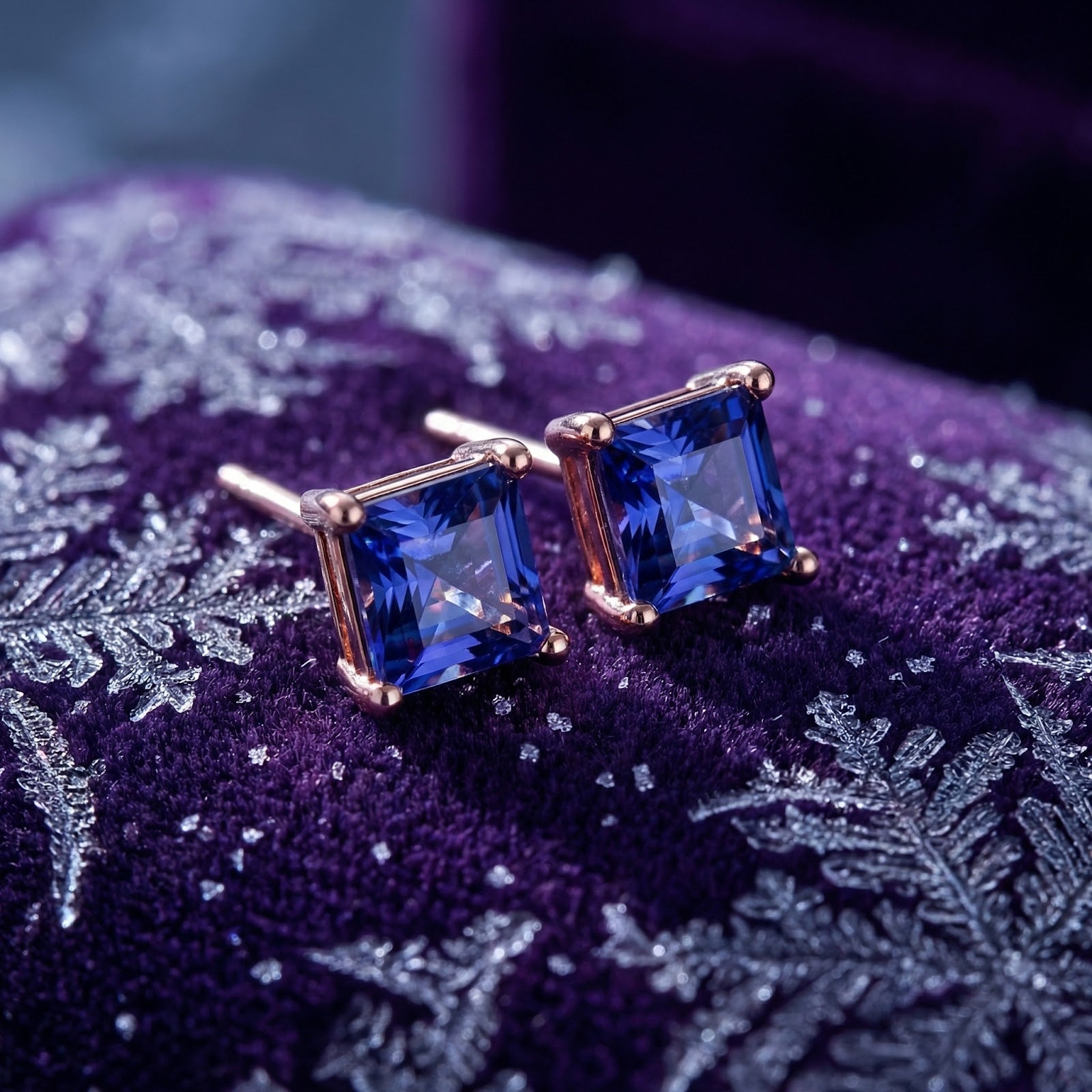 Princess-cut simulated tanzanite stud earrings in 18K rose gold vermeil on purple velvet with snowflakes.