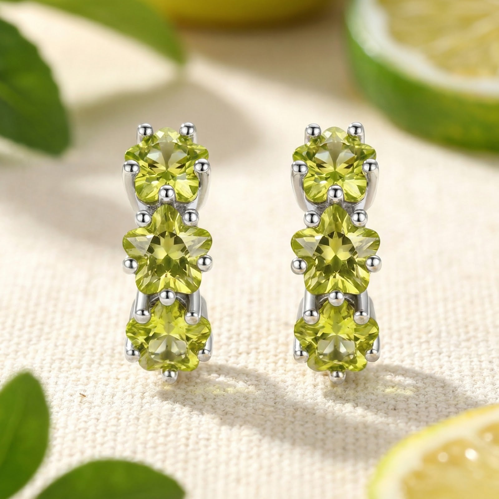 Front view of sterling silver hoop earrings featuring three star-cut green peridot stones on a styled background.