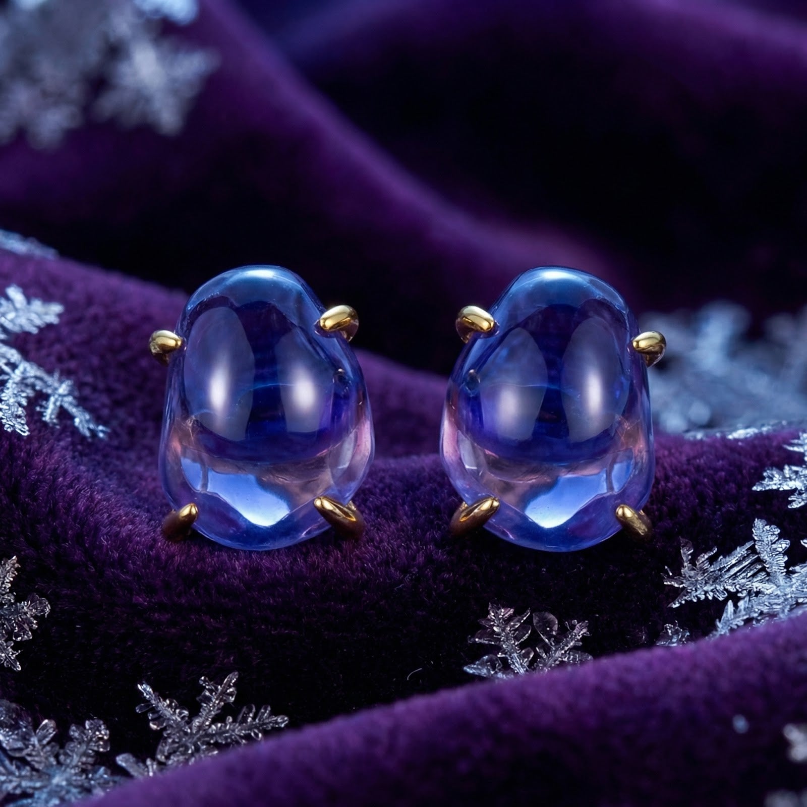 Alarina organic stud earrings in 18K gold vermeil with blue-violet simulated tanzanite on purple velvet.