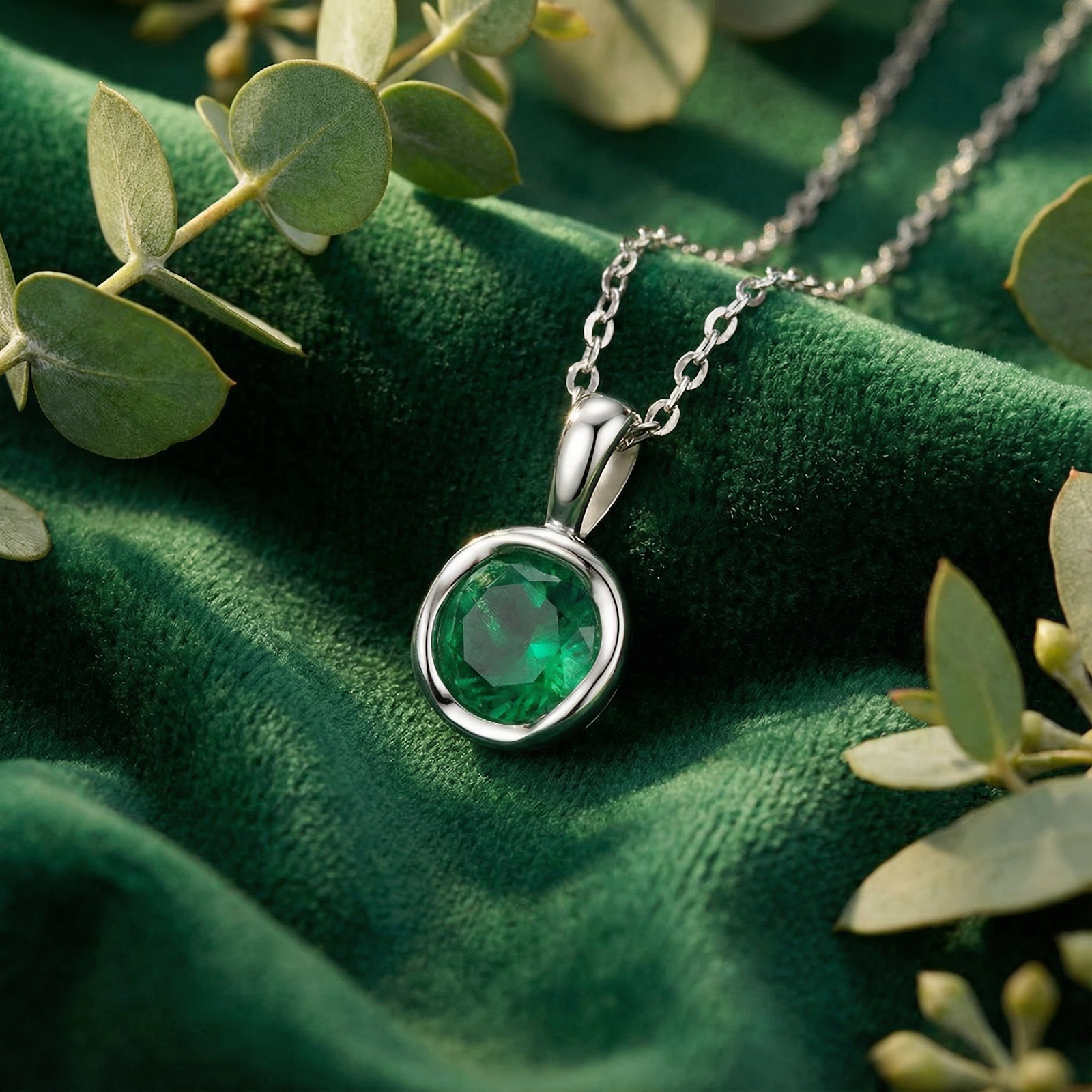 Round simulated emerald bezel necklace in S925 sterling silver on green velvet with eucalyptus leaves.