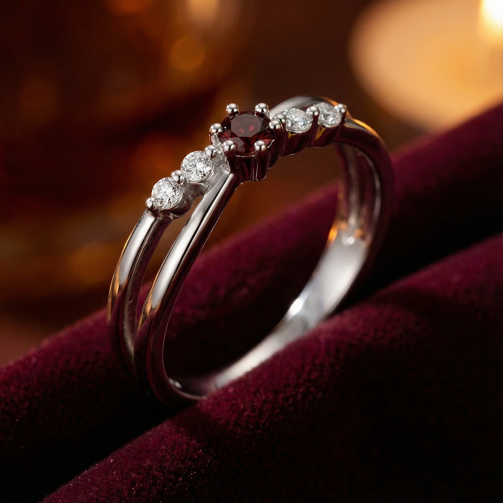 Macro view of a sterling silver bypass ring with a round red simulated garnet and clear side accents.