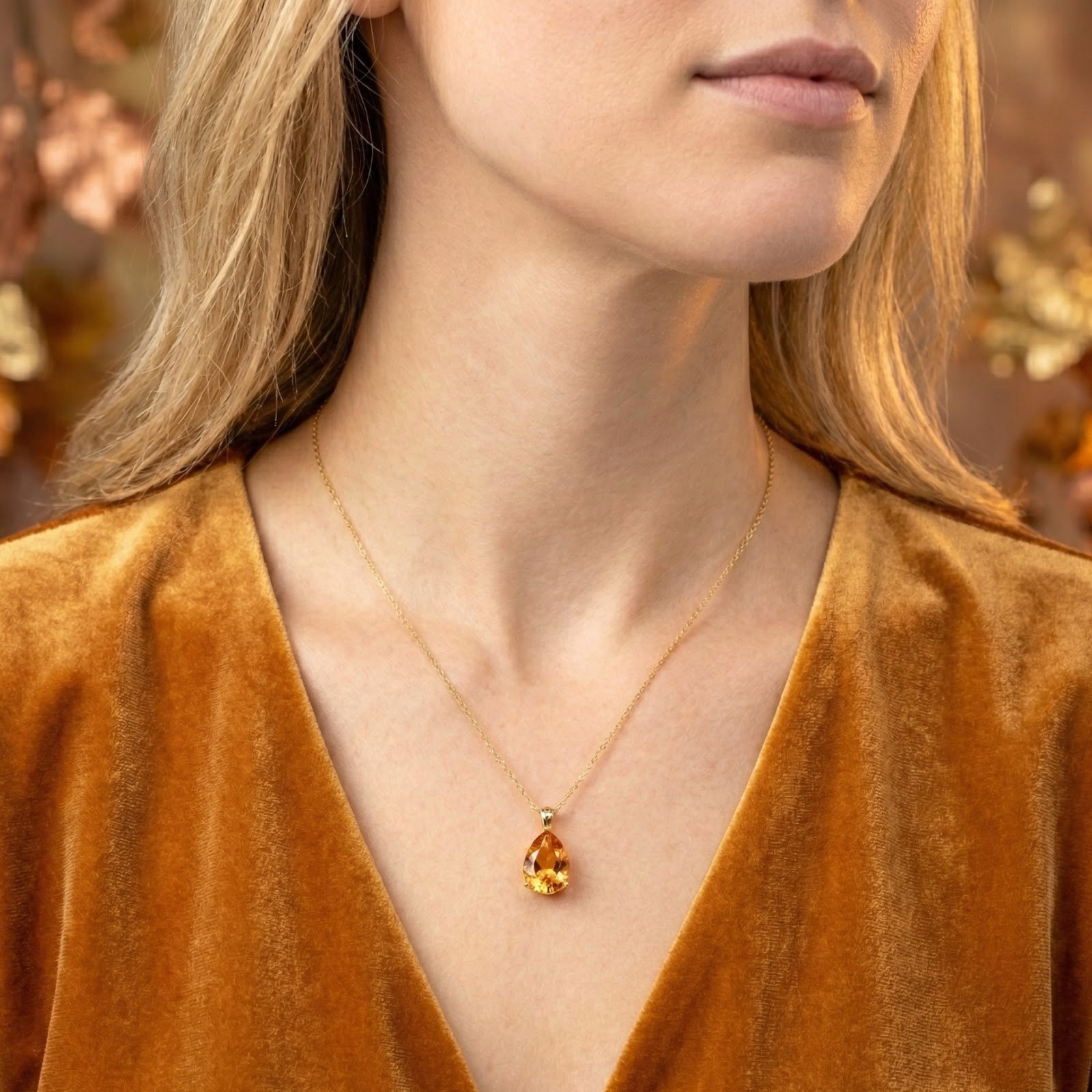Model wearing the Amberine teardrop simulated topaz necklace in 18K gold vermeil with a mustard velvet top.
