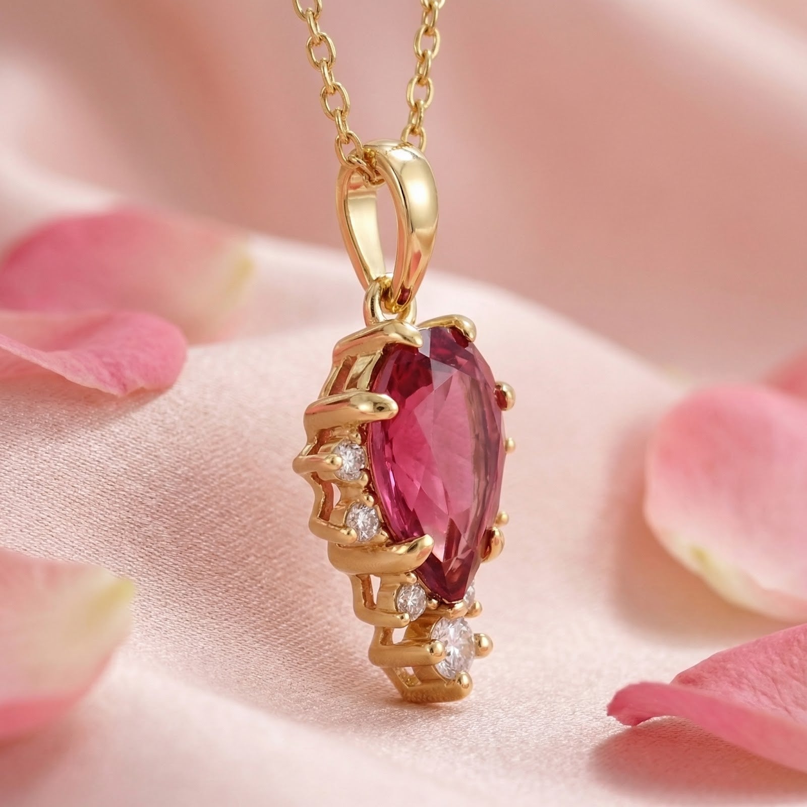 Side view of the pear-cut simulated pink tourmaline pendant in 18K gold vermeil showing the setting.