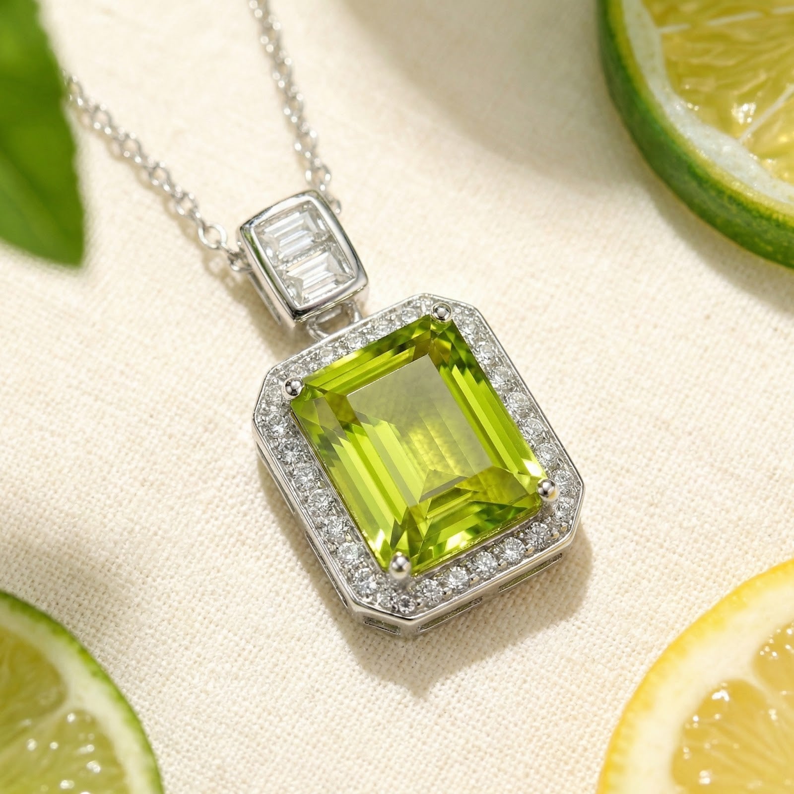 Macro detail of an emerald-cut simulated peridot pendant with a halo and accent stones in sterling silver.