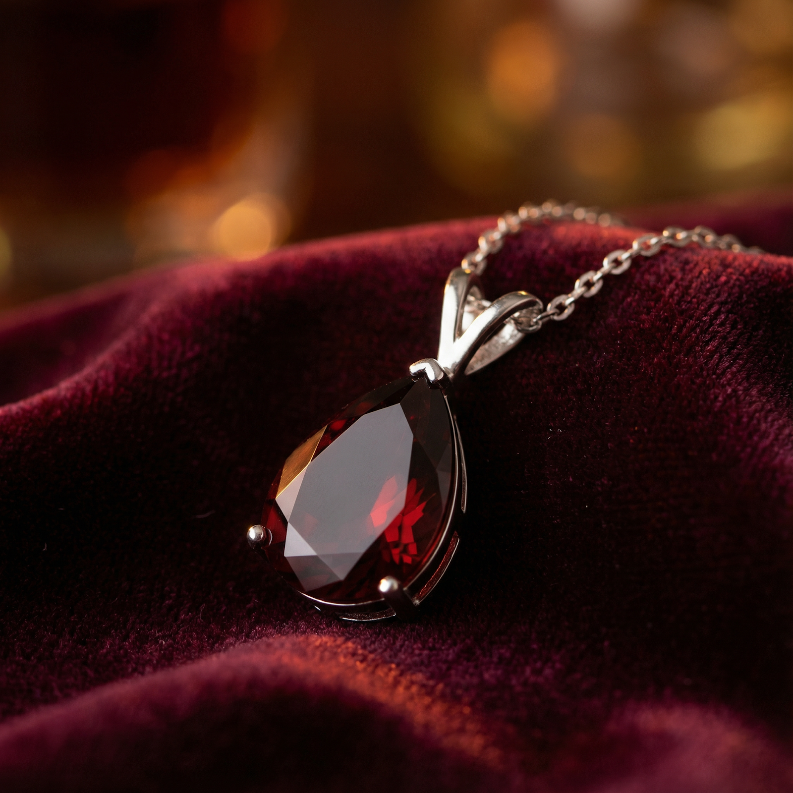 Close-up of a pear cut simulated garnet pendant in sterling silver showing gemstone facets on red velvet.