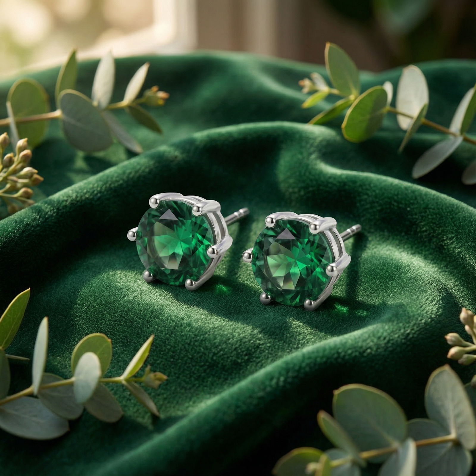 Macro view of round cut simulated emerald stud earrings in sterling silver prong settings on green velvet.
