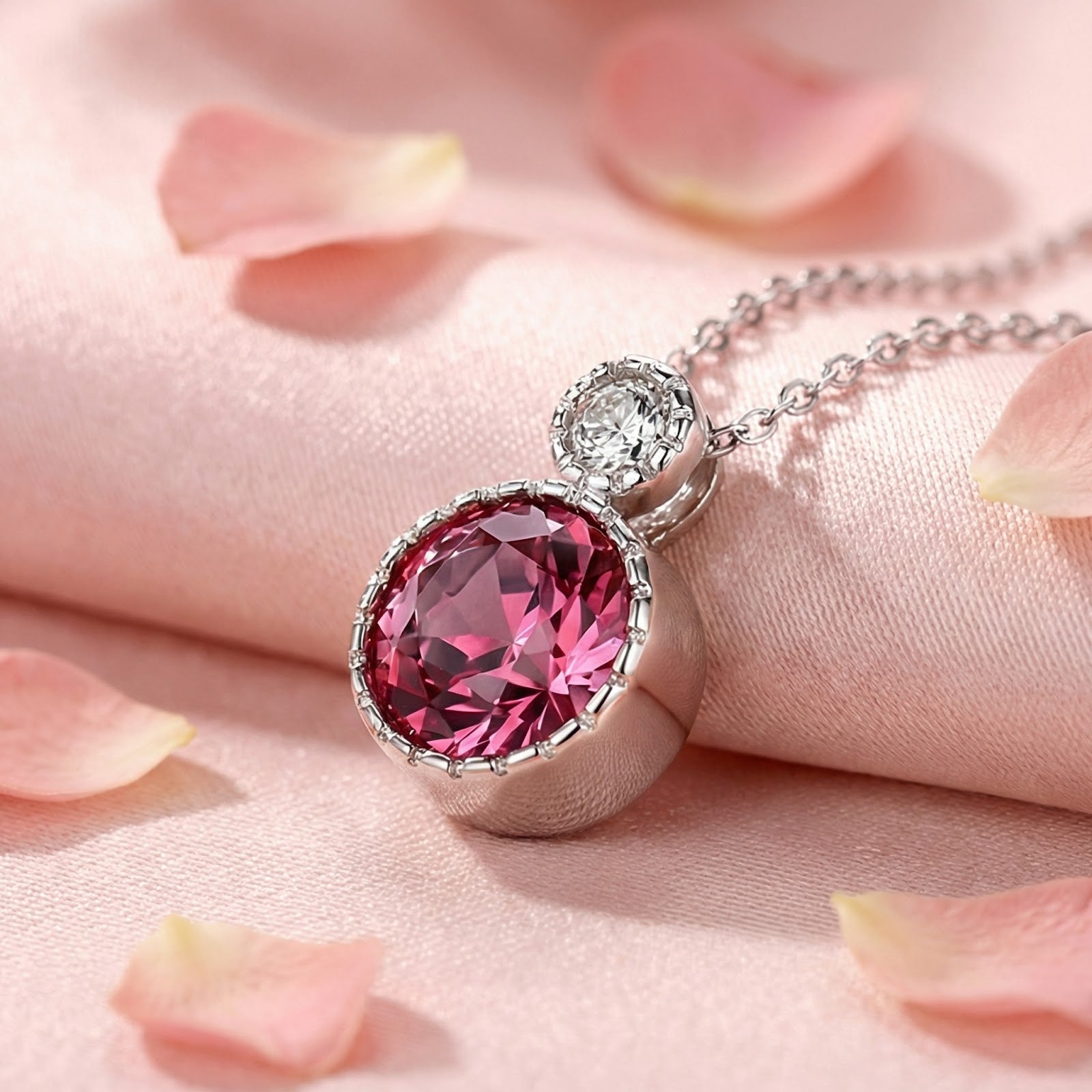 Angled side view of the S925 sterling silver pendant necklace with a round-cut simulated pink tourmaline on pink silk.
