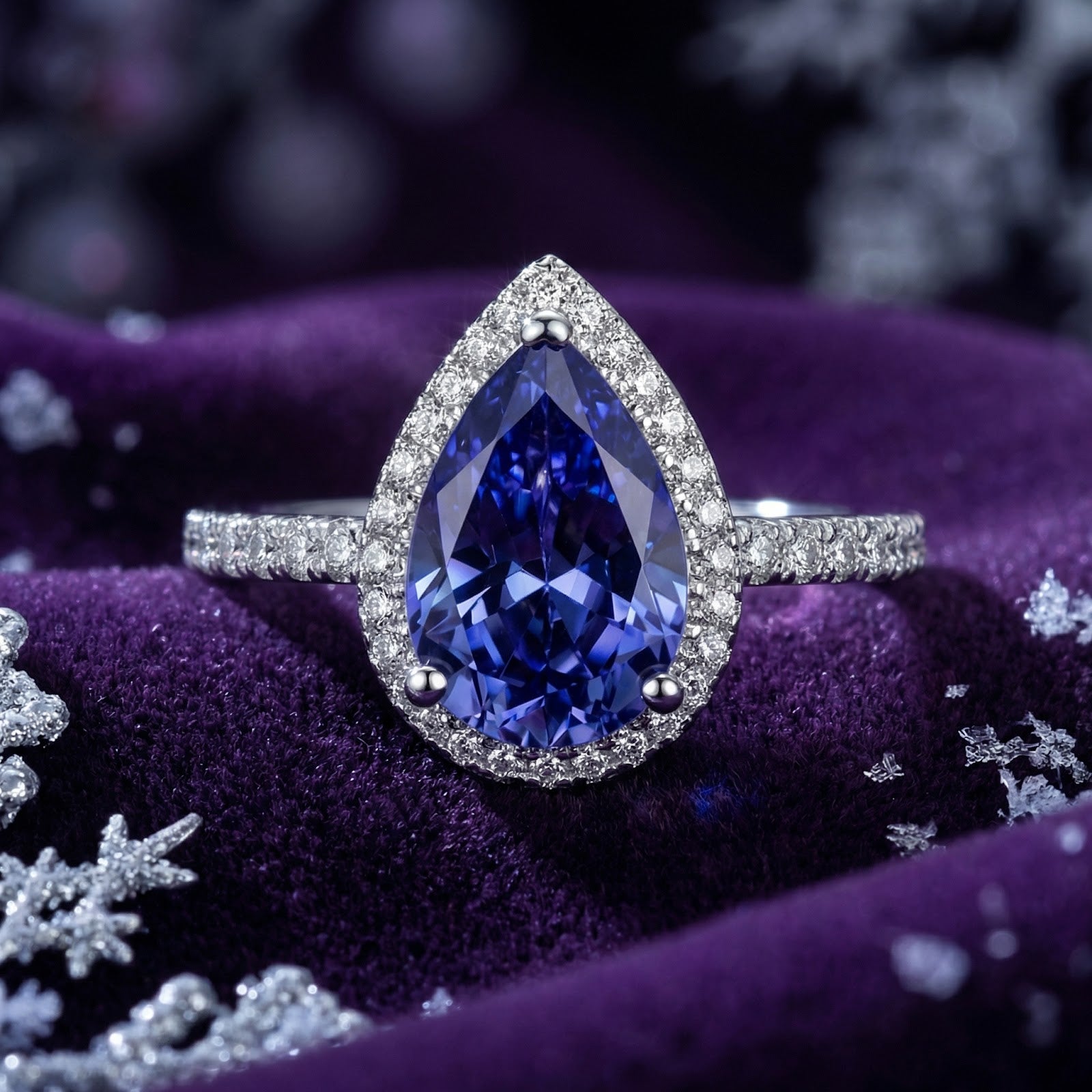 Pear cut simulated tanzanite halo ring in S925 sterling silver on purple velvet with winter snowflakes.