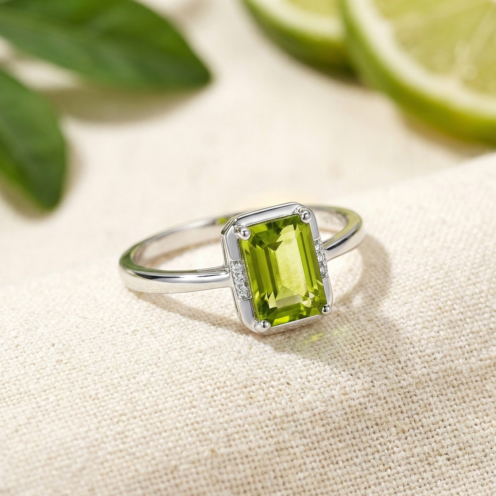 Emerald cut simulated peridot ring in S925 sterling silver on a textured cloth with lime slices and leaves.