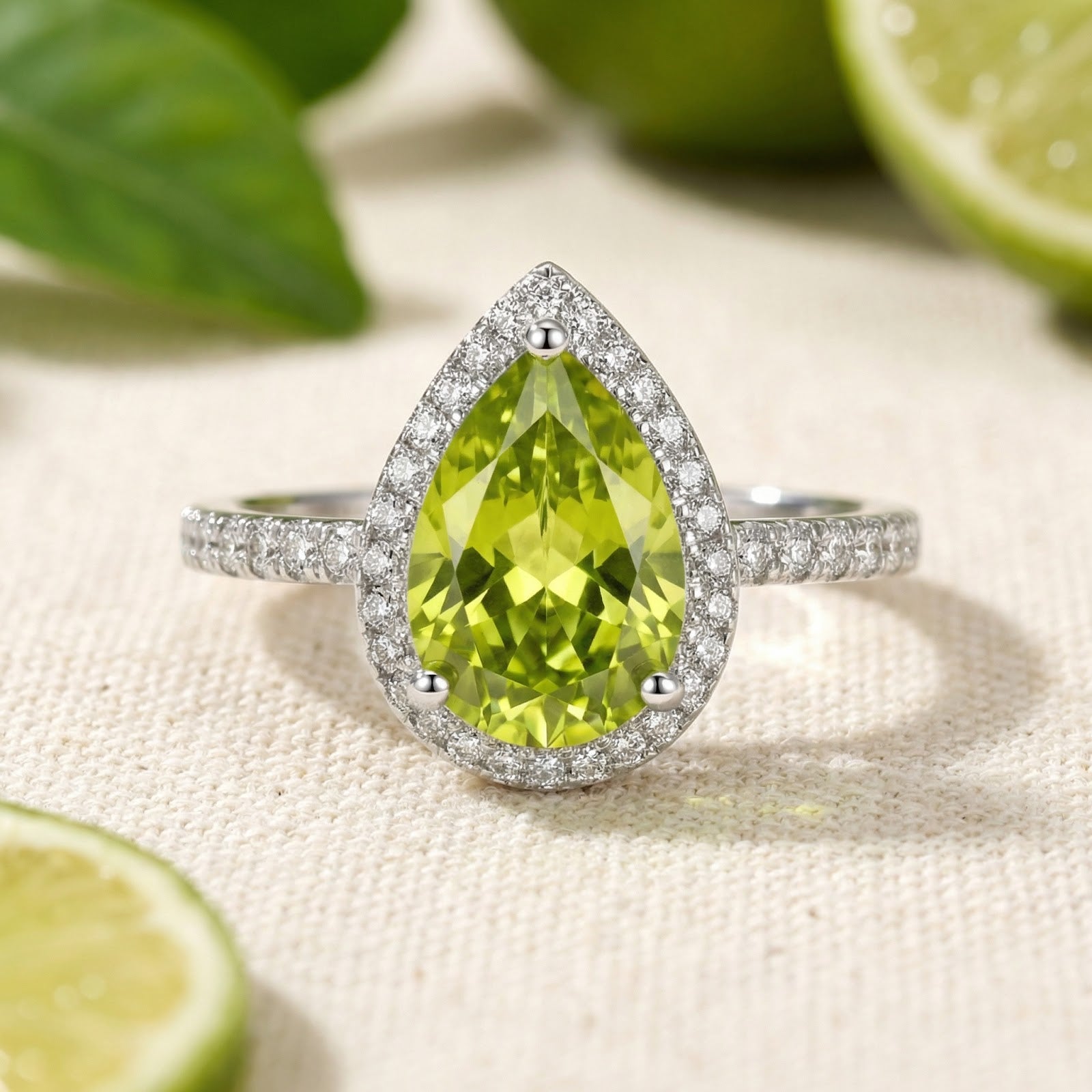 Pear-cut simulated peridot halo ring in S925 sterling silver on a textured surface with lime accents.