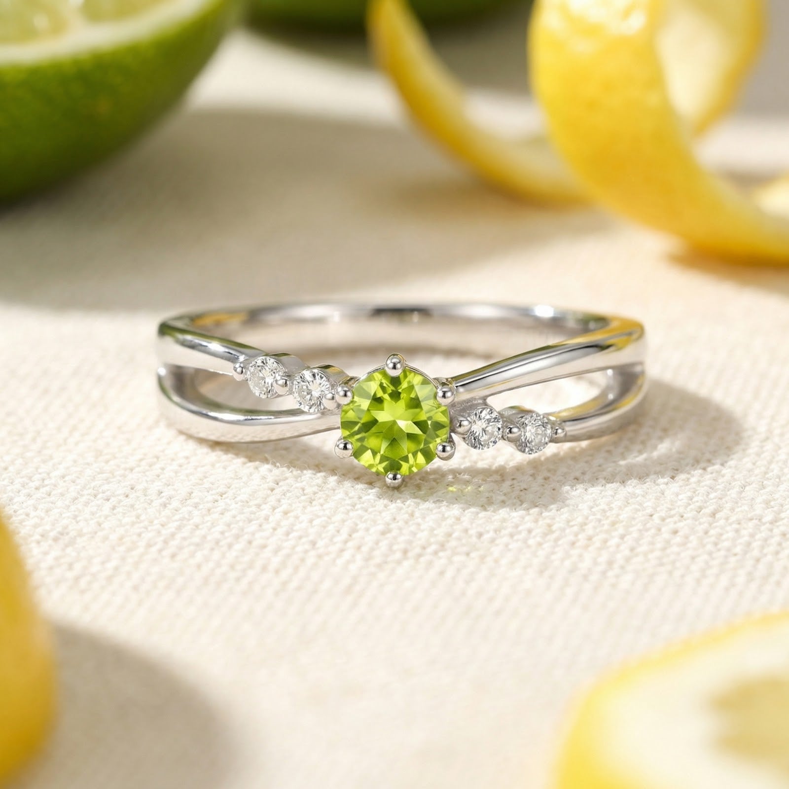 Zelinda bypass ring in S925 sterling silver with a round simulated peridot on a textured lifestyle background.