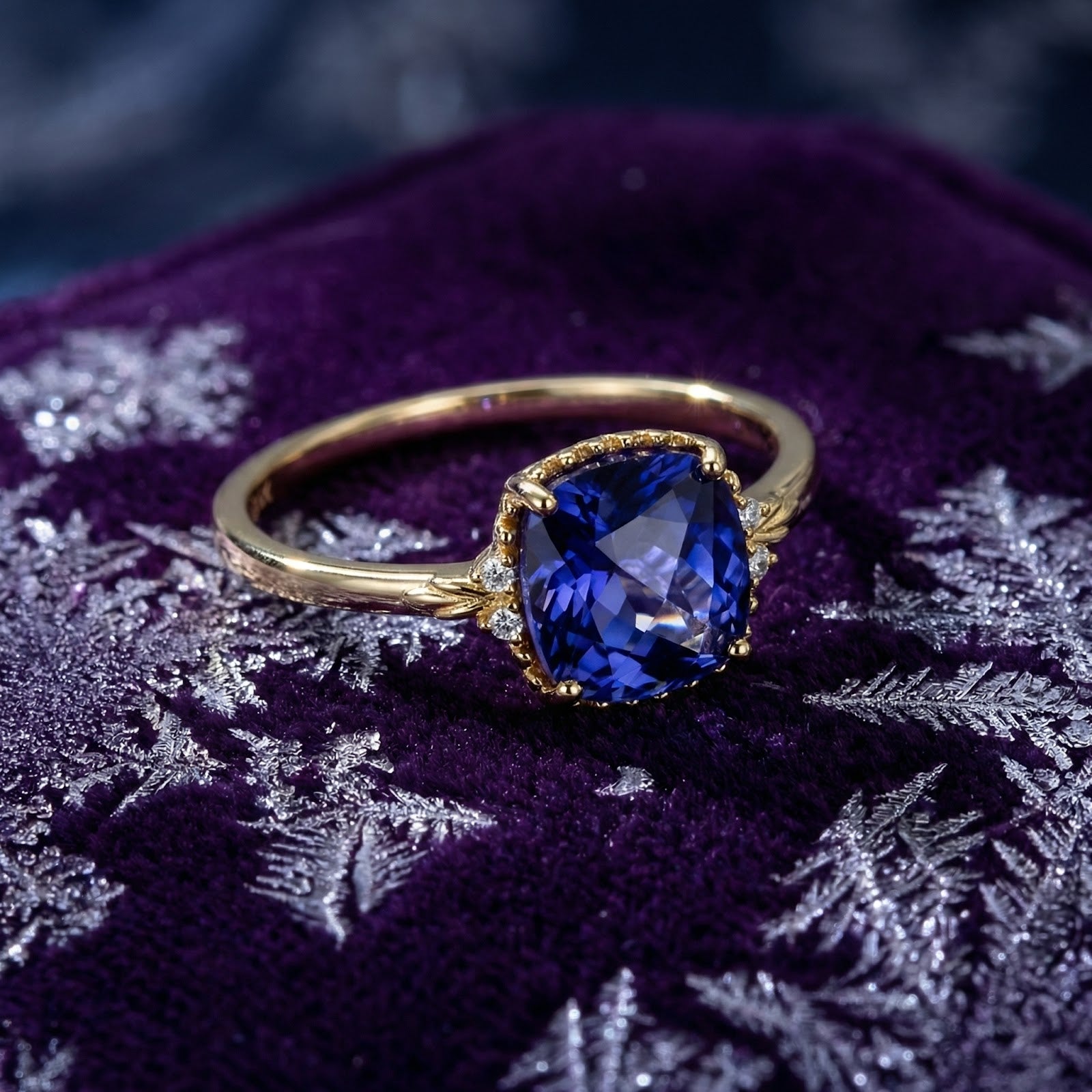 Side profile of the cushion cut simulated tanzanite gold vermeil ring on a purple velvet surface with snowflakes.