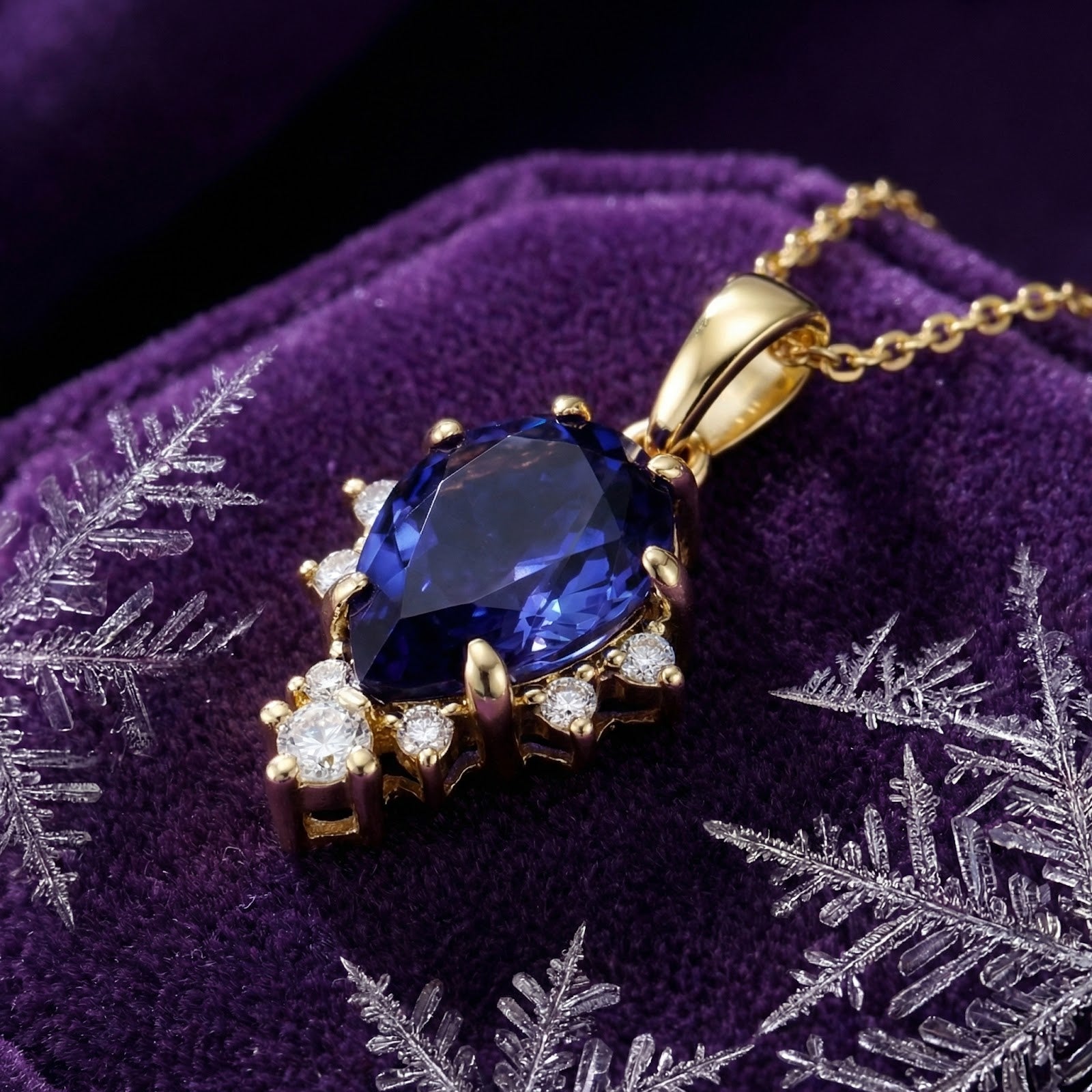 Close-up of a pear-cut simulated tanzanite necklace in 18K gold vermeil on purple velvet with snowflakes.