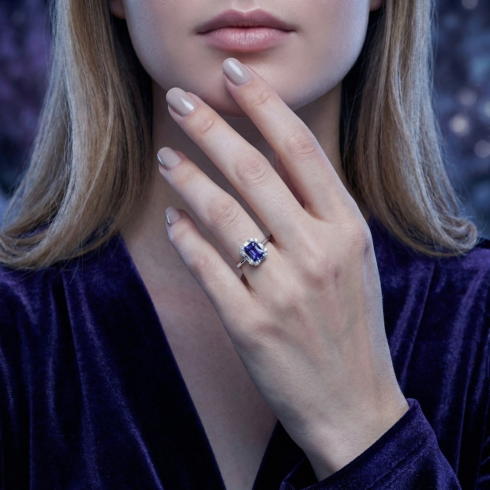 Model wearing the Elisande emerald cut simulated tanzanite sterling silver ring with a purple velvet dress.