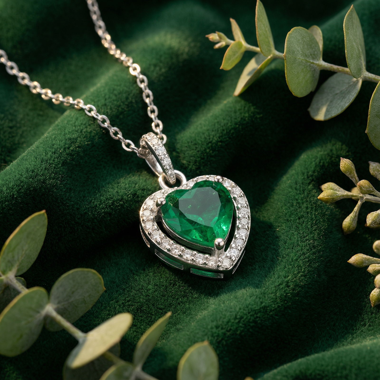 Heart-cut simulated emerald necklace in S925 sterling silver on green velvet with eucalyptus leaves.
