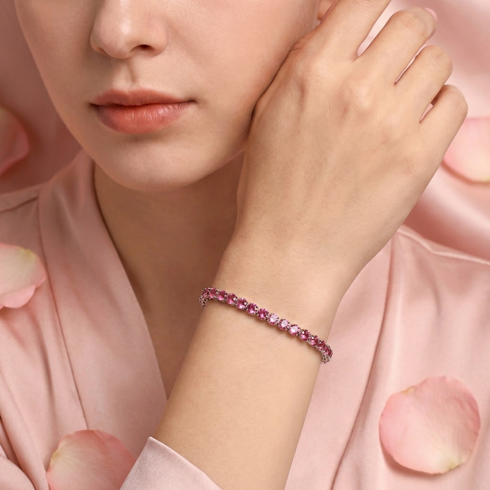 Model wearing the October birthstone stainless steel bracelet featuring raspberry pink simulated tourmaline stones.