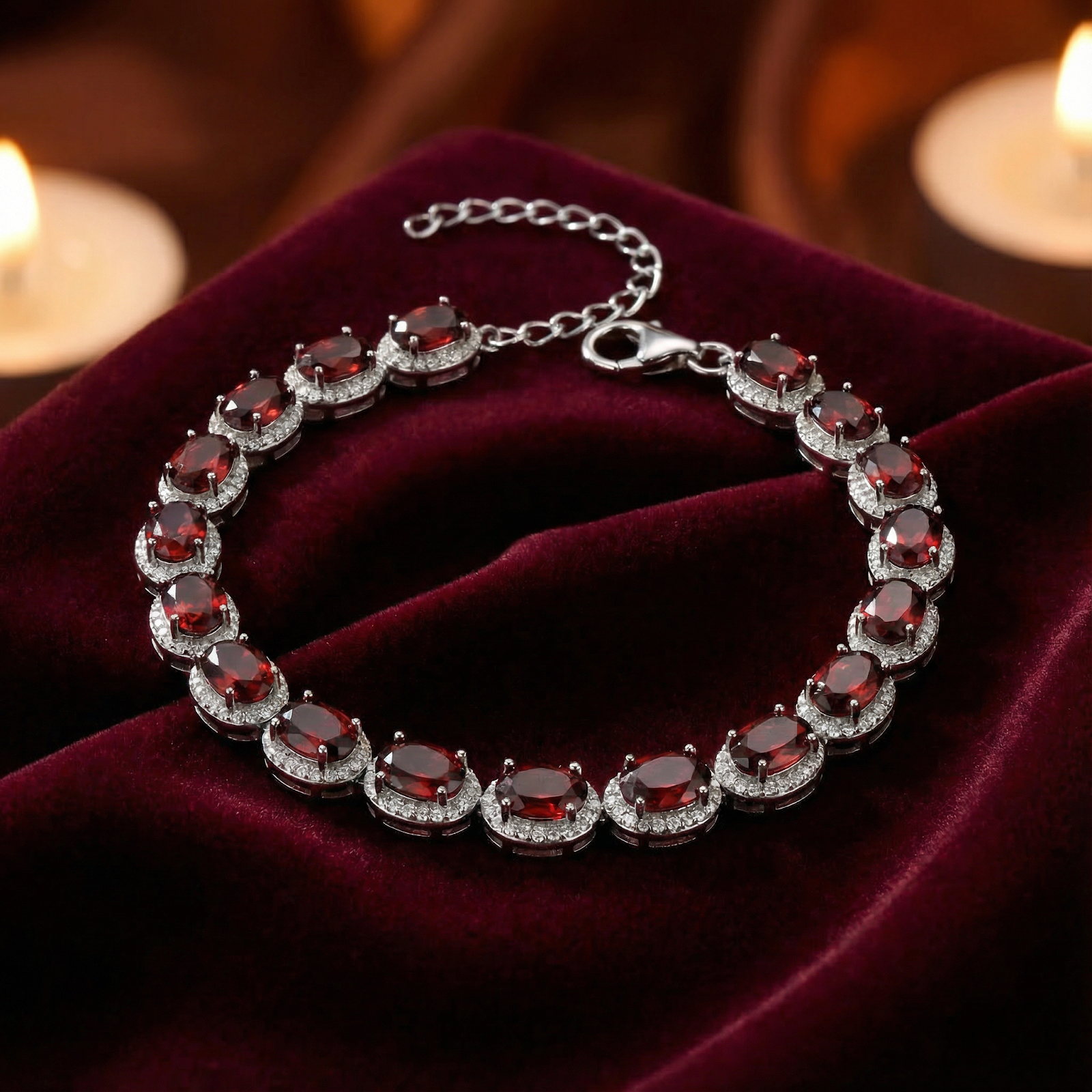 Cassia halo bracelet in S925 sterling silver with oval-cut simulated garnets on red velvet with candles.