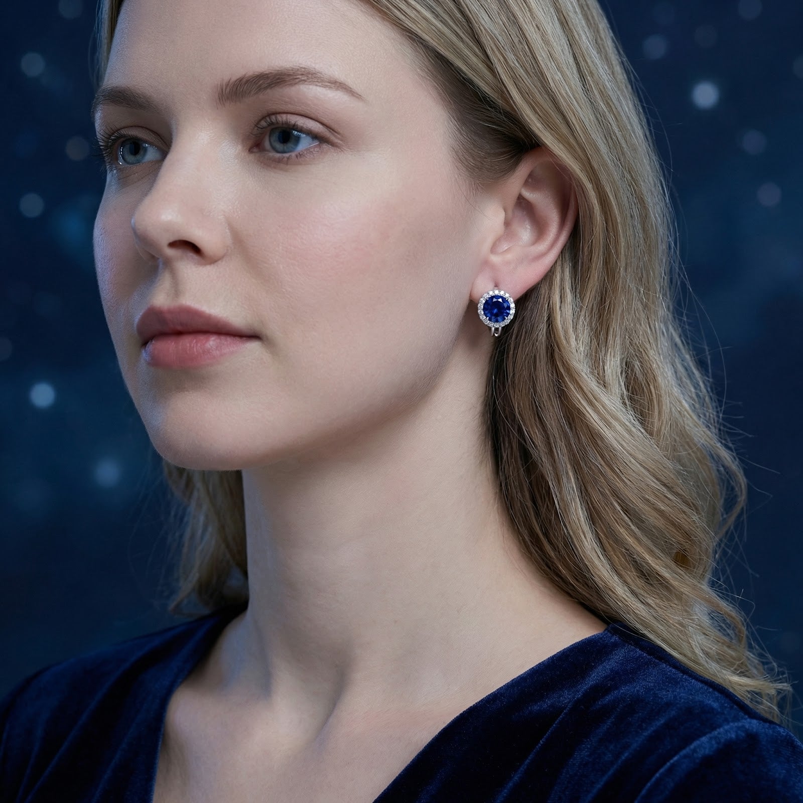 Model wearing round blue moissanite halo stud earrings in sterling silver against a dark blue starry backdrop.