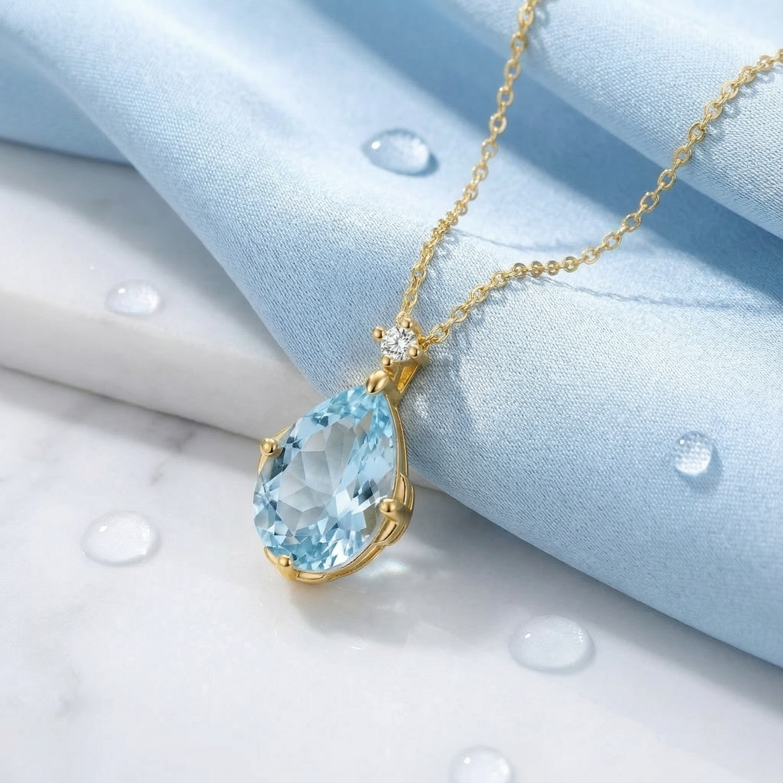 Pear cut simulated aquamarine pendant in 18K gold vermeil on a light blue fabric background with water droplets.