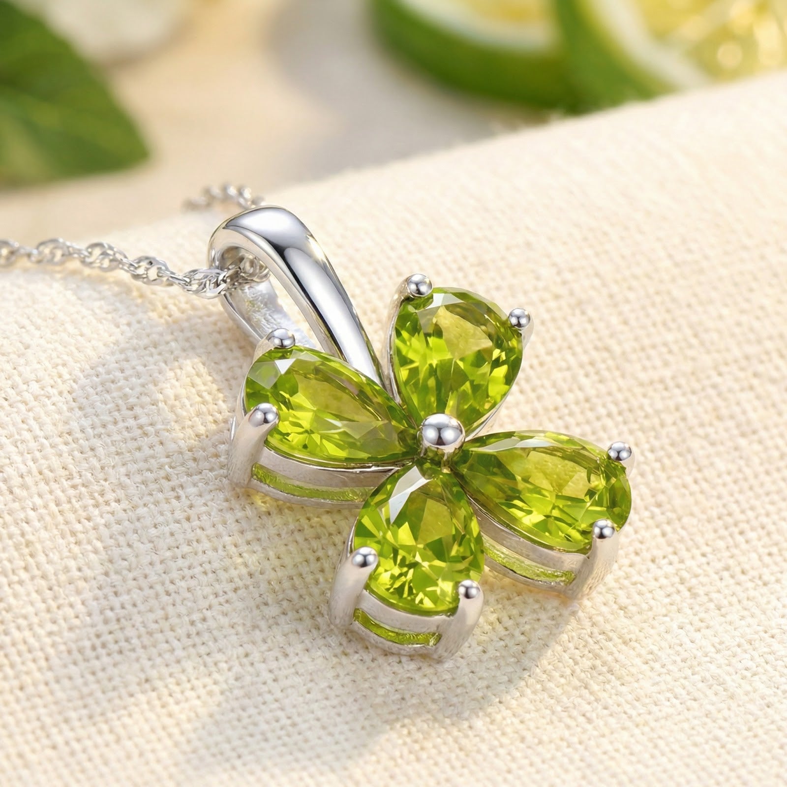 Macro view of the pear-cut simulated peridot stones and silver prongs on the Peridelle Flower pendant.