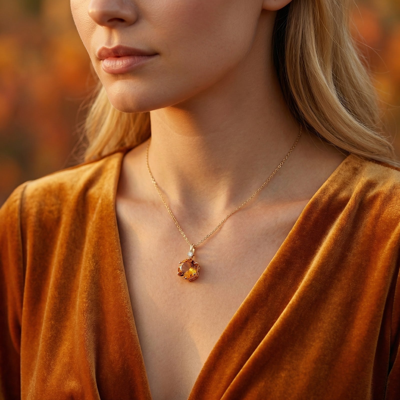 Close-up of a model wearing a hexagon-cut simulated topaz pendant on an 18K gold vermeil chain.