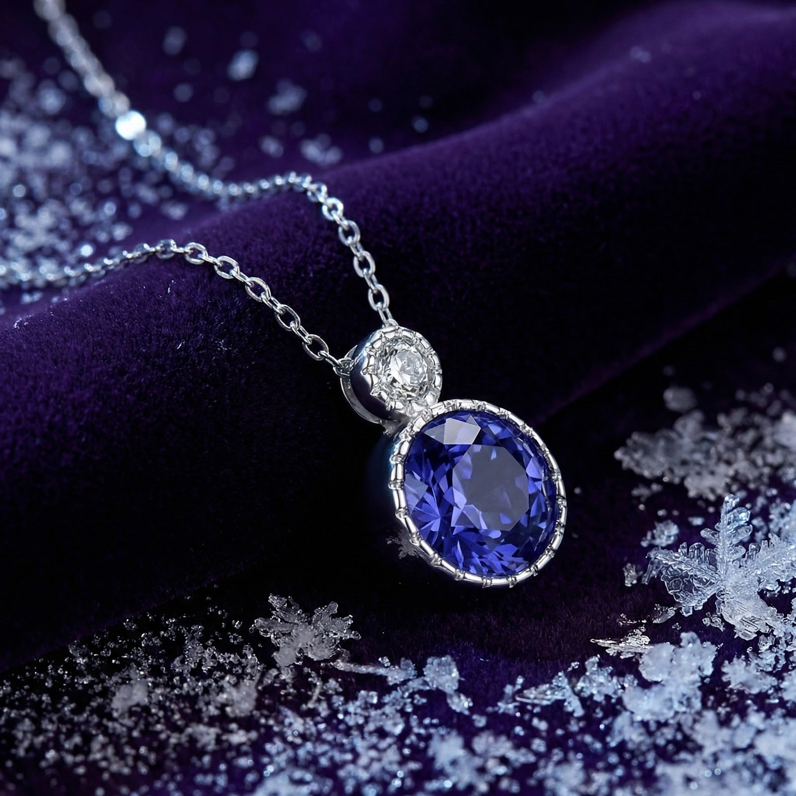 Sterling silver drop necklace with round-cut simulated tanzanite on purple velvet with decorative snow.