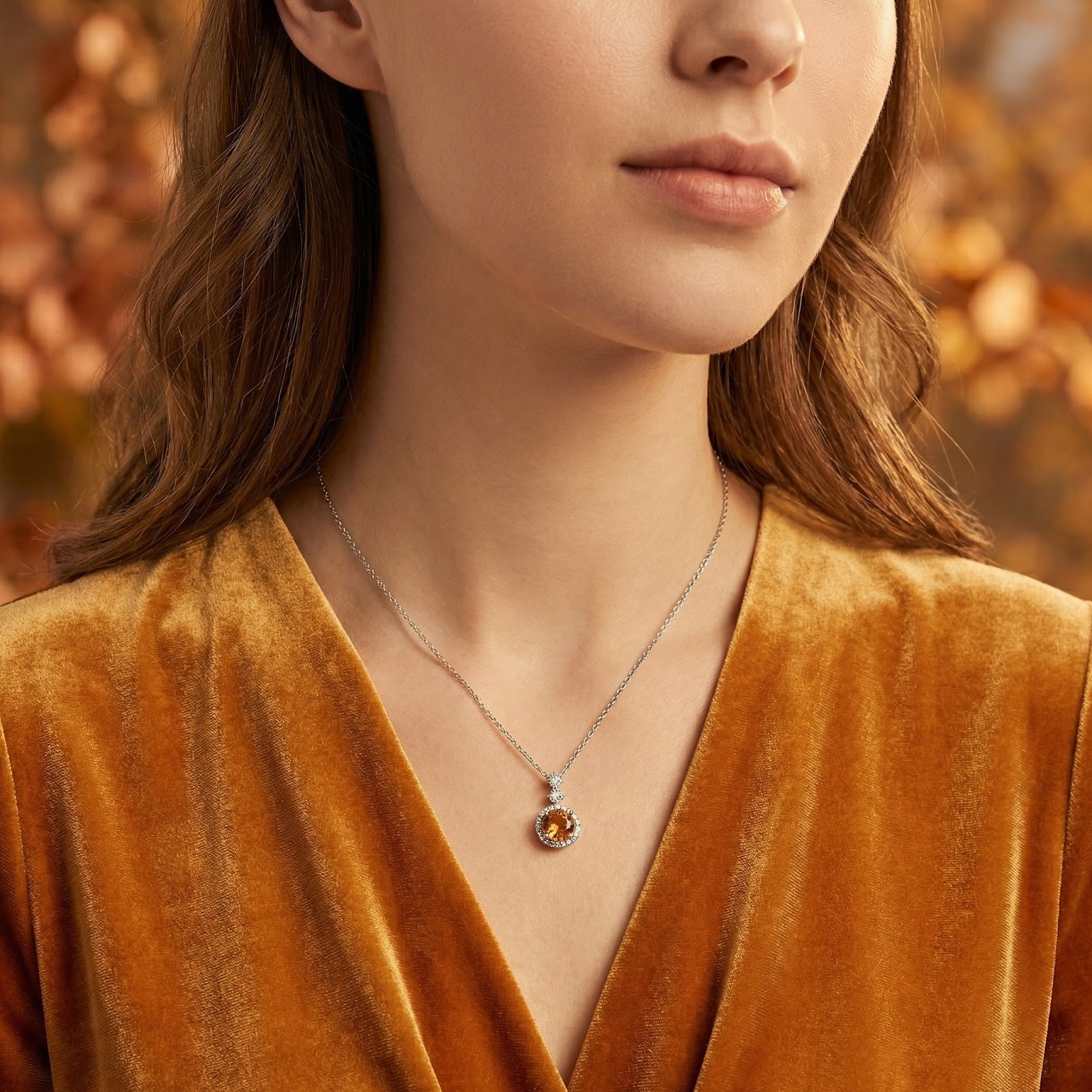 Model wearing the round honey topaz sterling silver pendant necklace with a golden velvet dress.