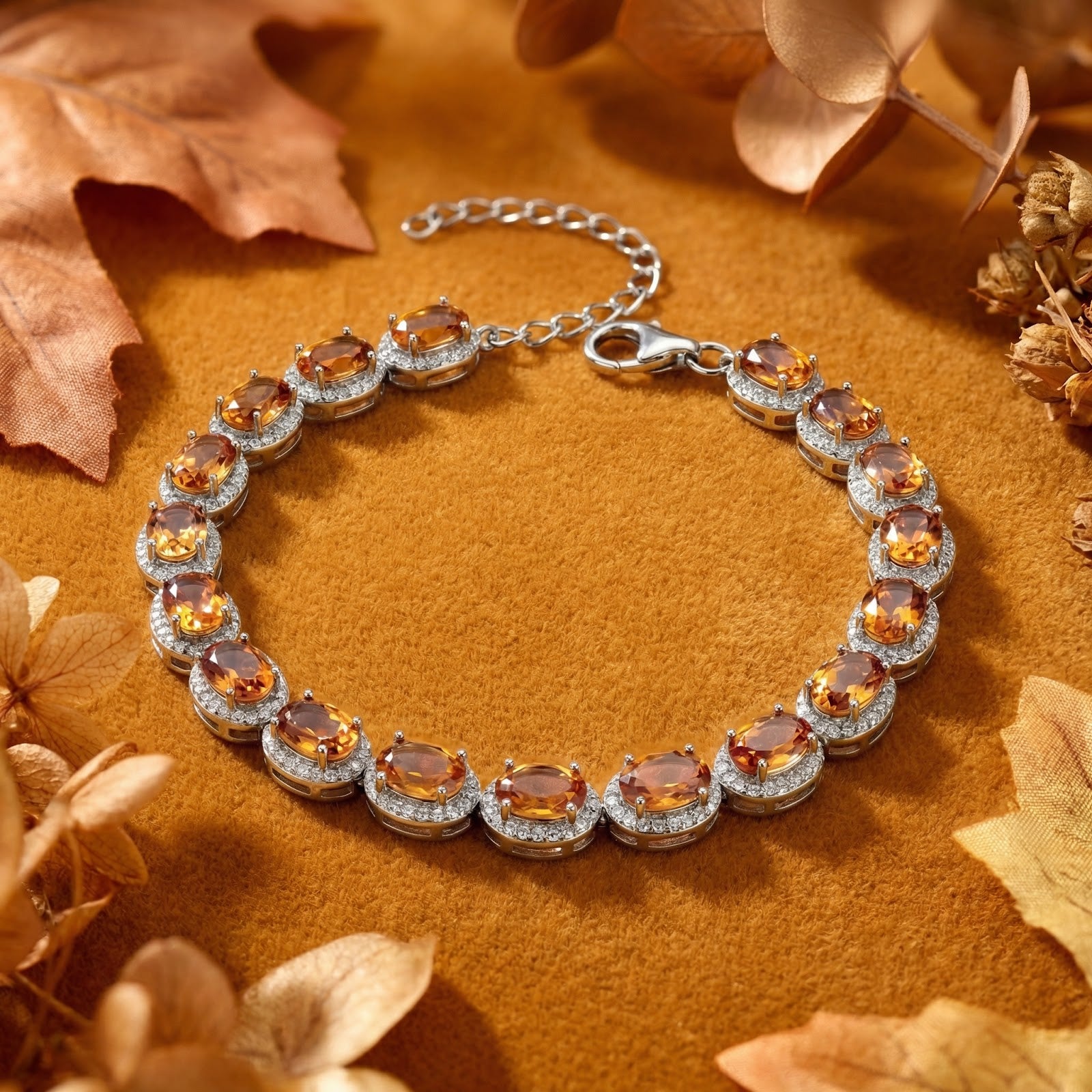 Sterling silver Alizae halo bracelet with oval simulated topaz stones on an autumn leaf background.