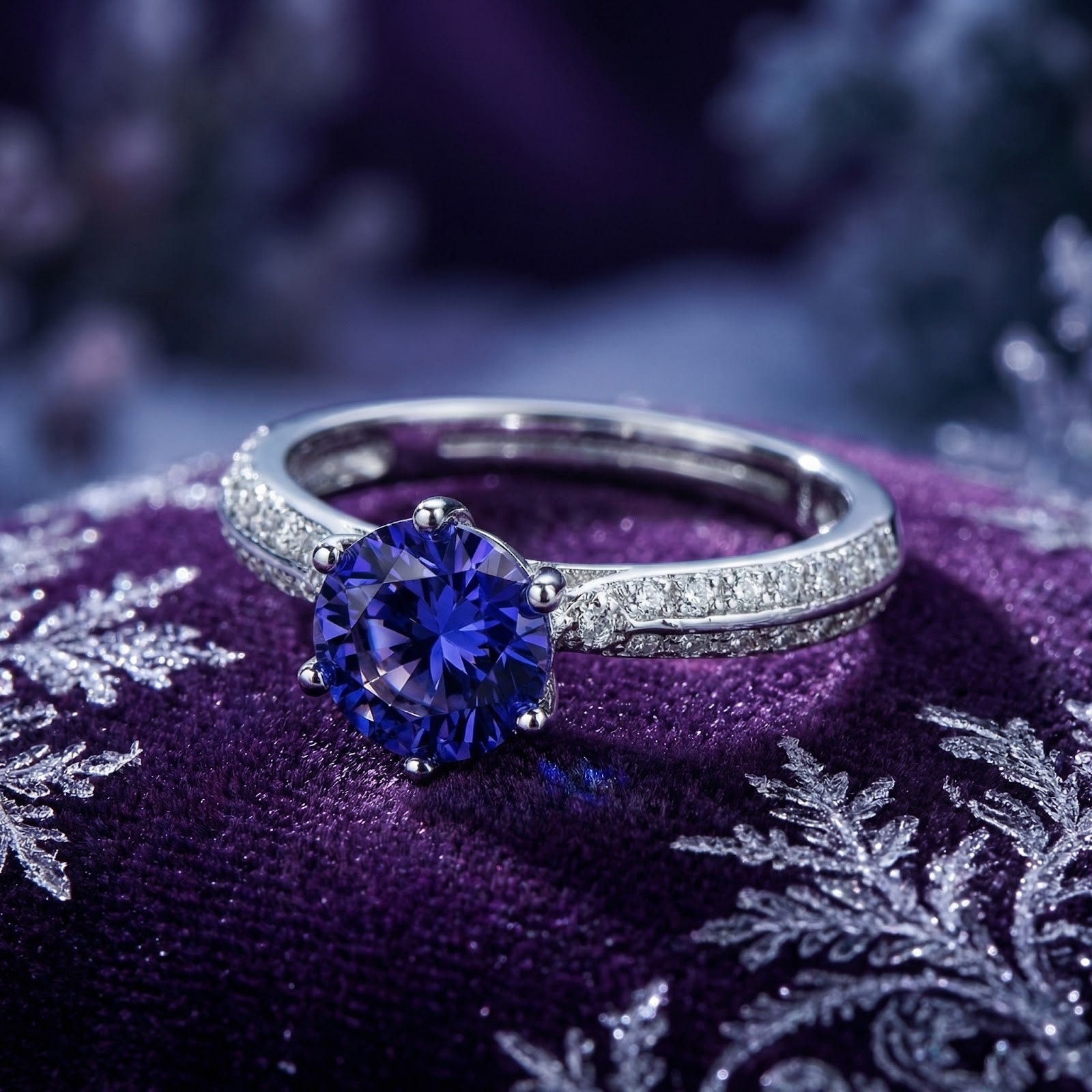 Macro view of a round simulated tanzanite ring in sterling silver showing milgrain setting and side stones.