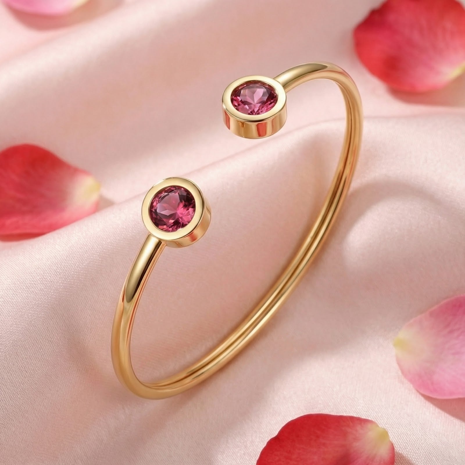 Gold stainless steel Lyrielle cuff bracelet with round pink tourmaline stones on pink fabric with rose petals.