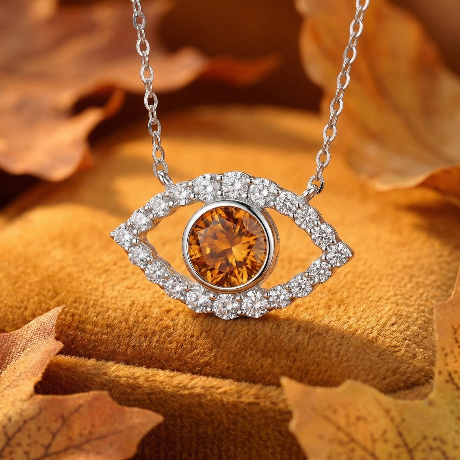 Sterling silver Hesperis Eye necklace with round cut honey moissanite styled on velvet with autumn leaves.