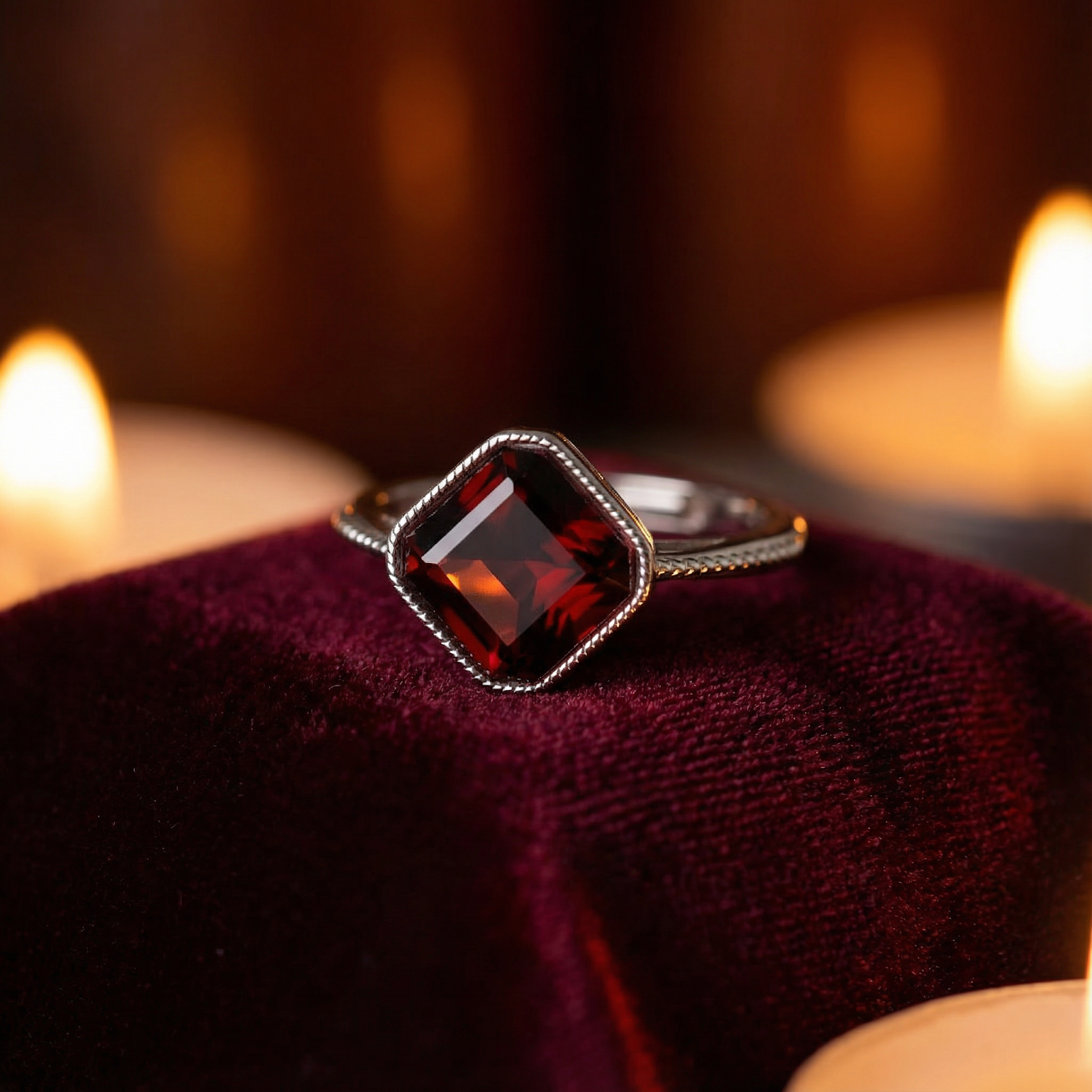 Cushion-cut simulated garnet sterling silver ring on red velvet with warm candle light.