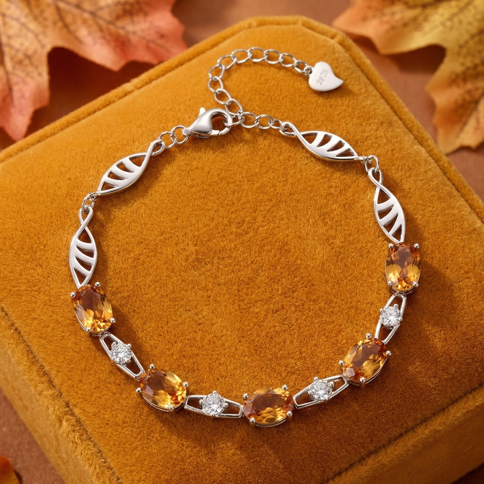 Silver wave bracelet with oval simulated topaz and round accents on a yellow velvet box with autumn leaves.