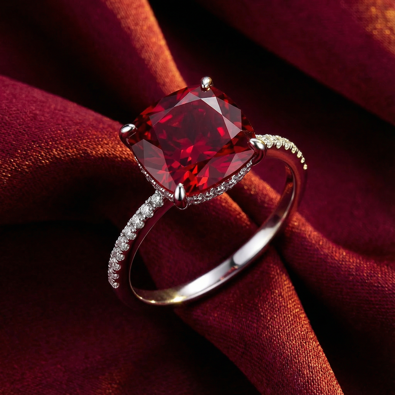 Cushion-cut simulated ruby ring in S925 sterling silver with pavé band on draped red fabric.