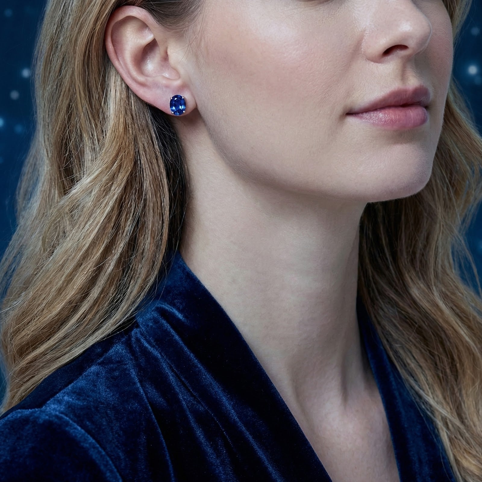 Side view of a woman wearing the Alorian Oval simulated sapphire earring in sterling silver.