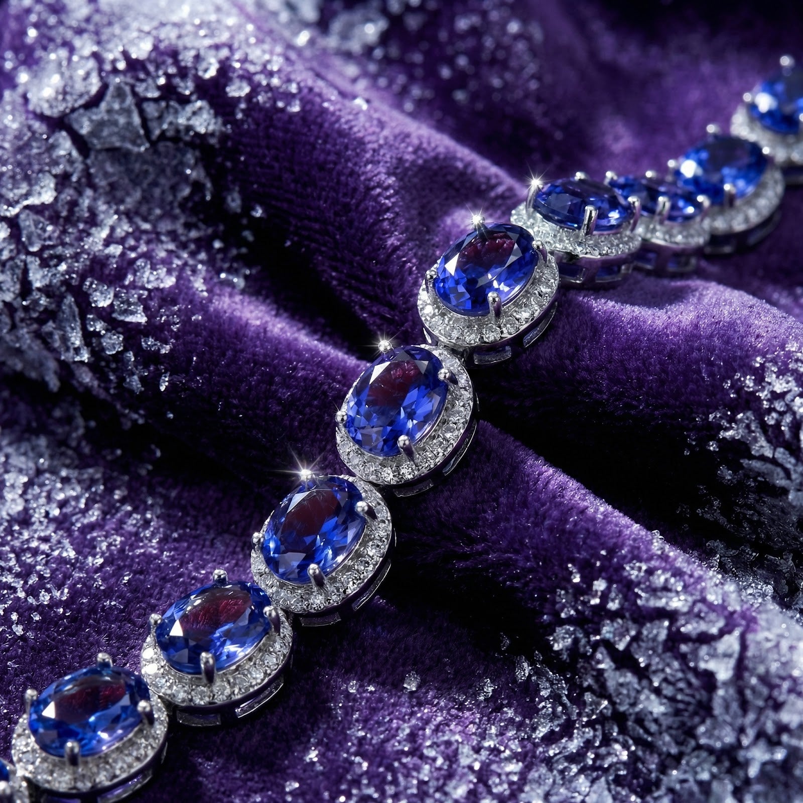 Close-up of oval simulated tanzanite stones in sterling silver halo settings on purple velvet.