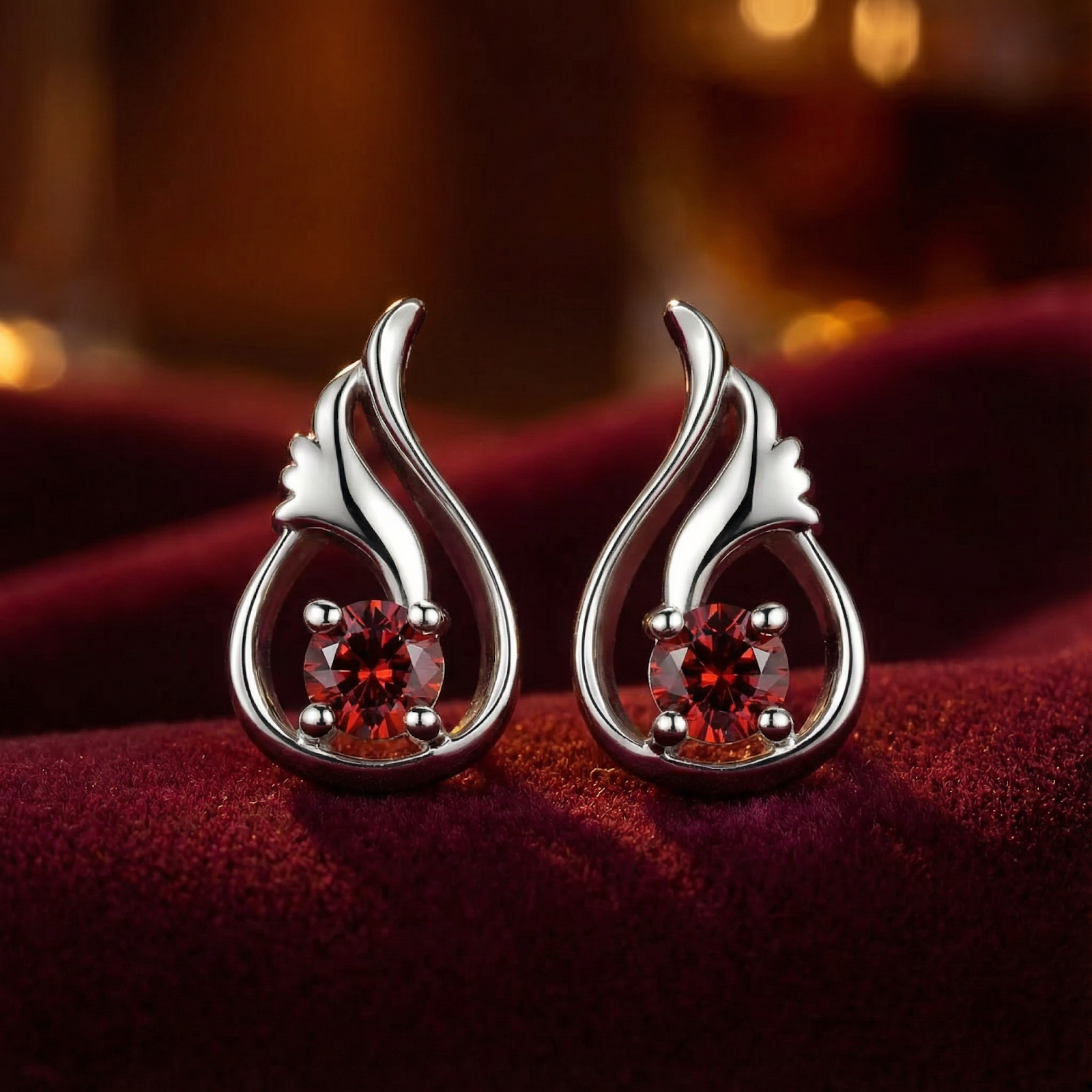 Sterling silver Tulipia drop earrings with round red garnets resting on a red velvet background.