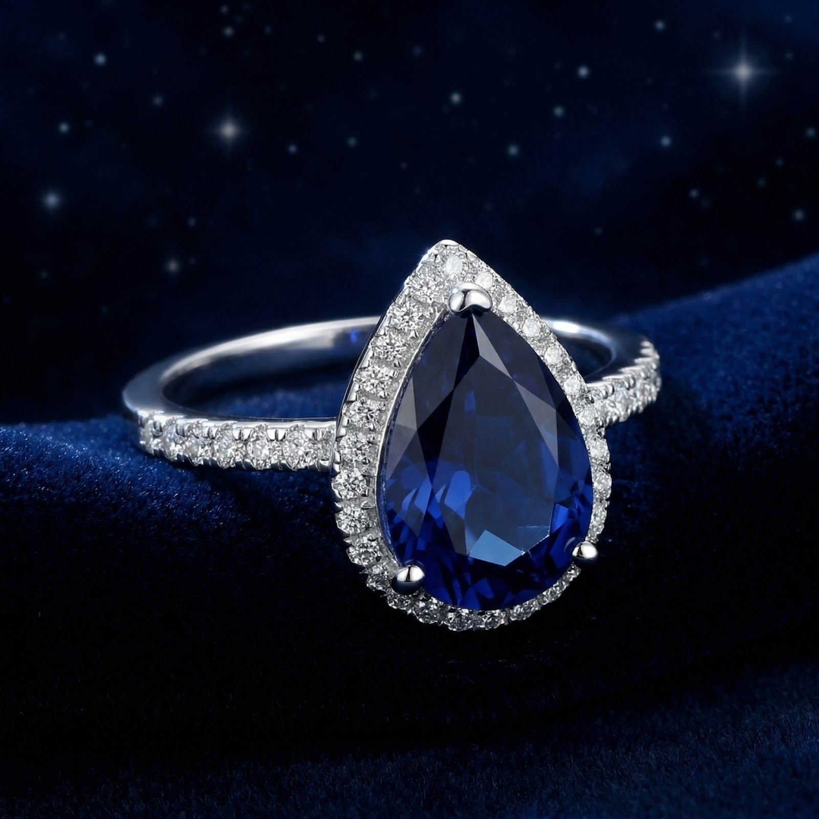 Angled view of a pear cut simulated sapphire halo ring in S925 sterling silver on blue velvet.