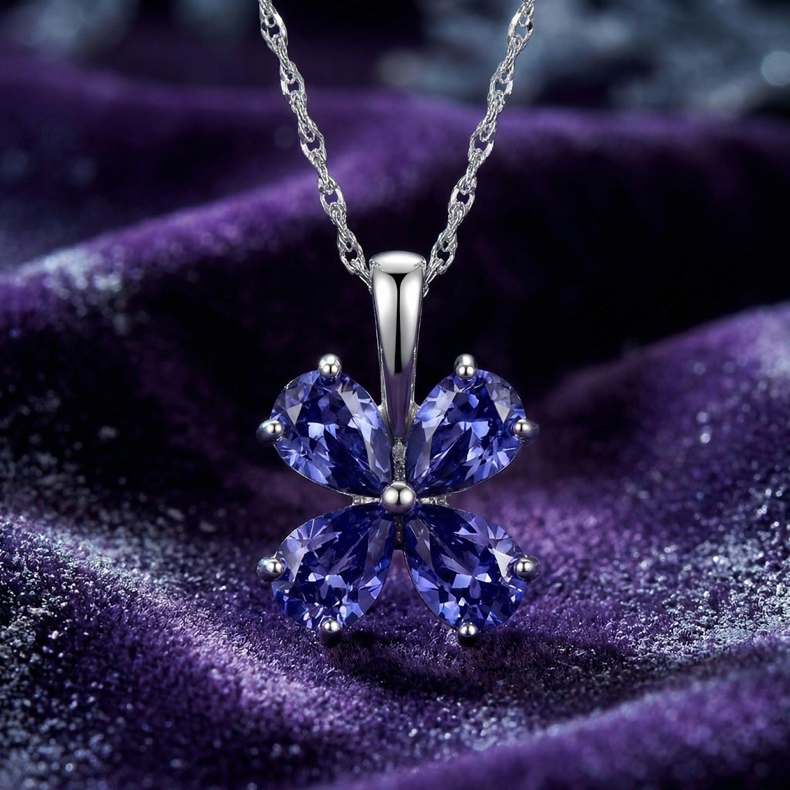 Sidraea Clover necklace in S925 sterling silver with four pear-cut simulated tanzanite stones on purple fabric.