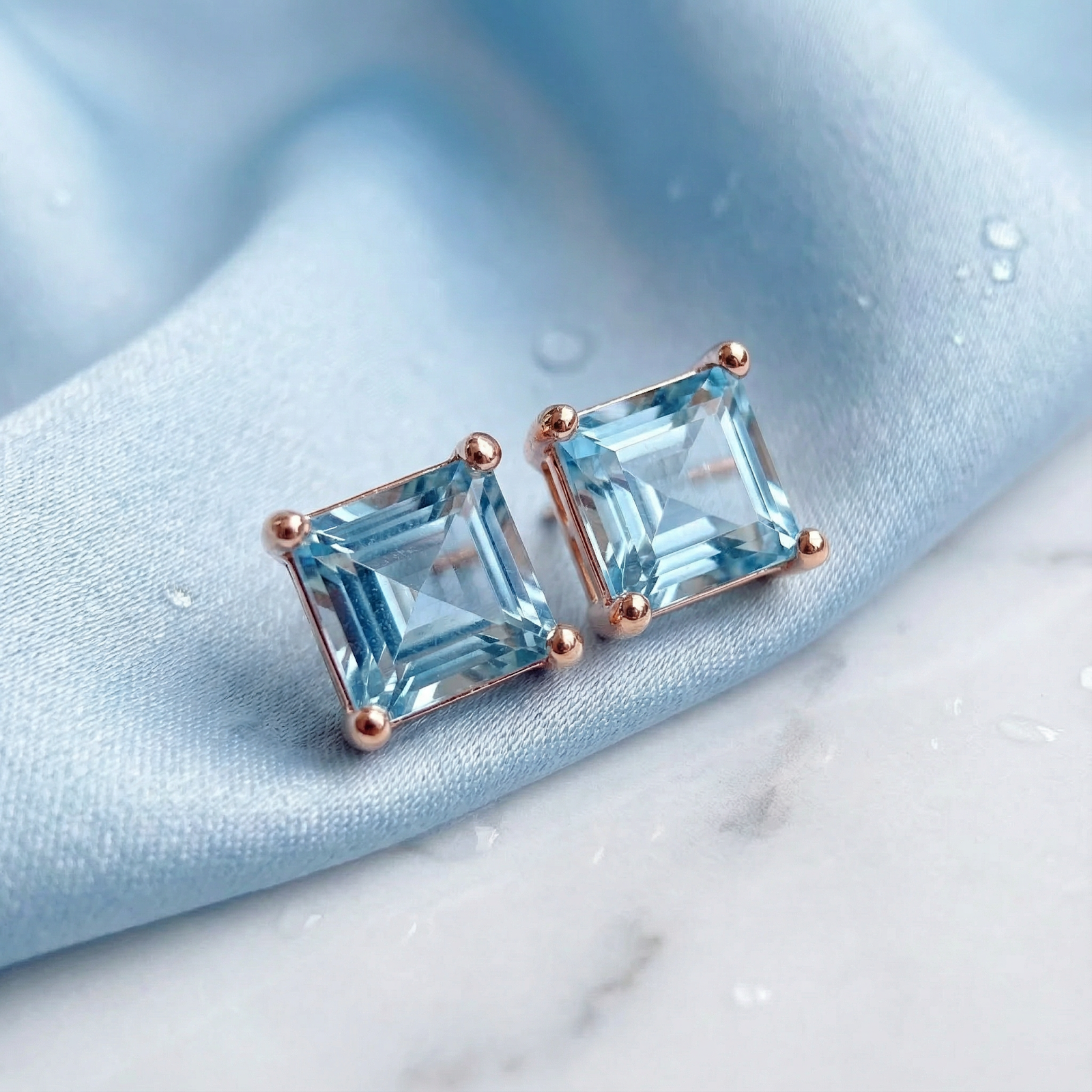Macro view of princess cut simulated aquamarine earrings in 18k rose gold vermeil prong settings.