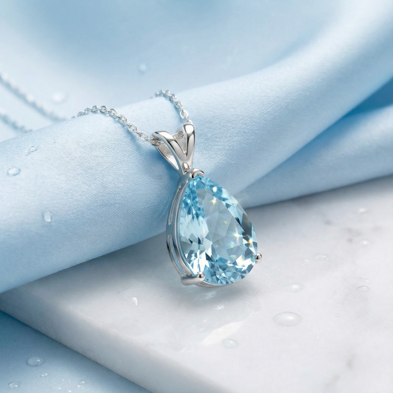 Pear cut simulated aquamarine necklace in sterling silver displayed on blue silk and white marble.