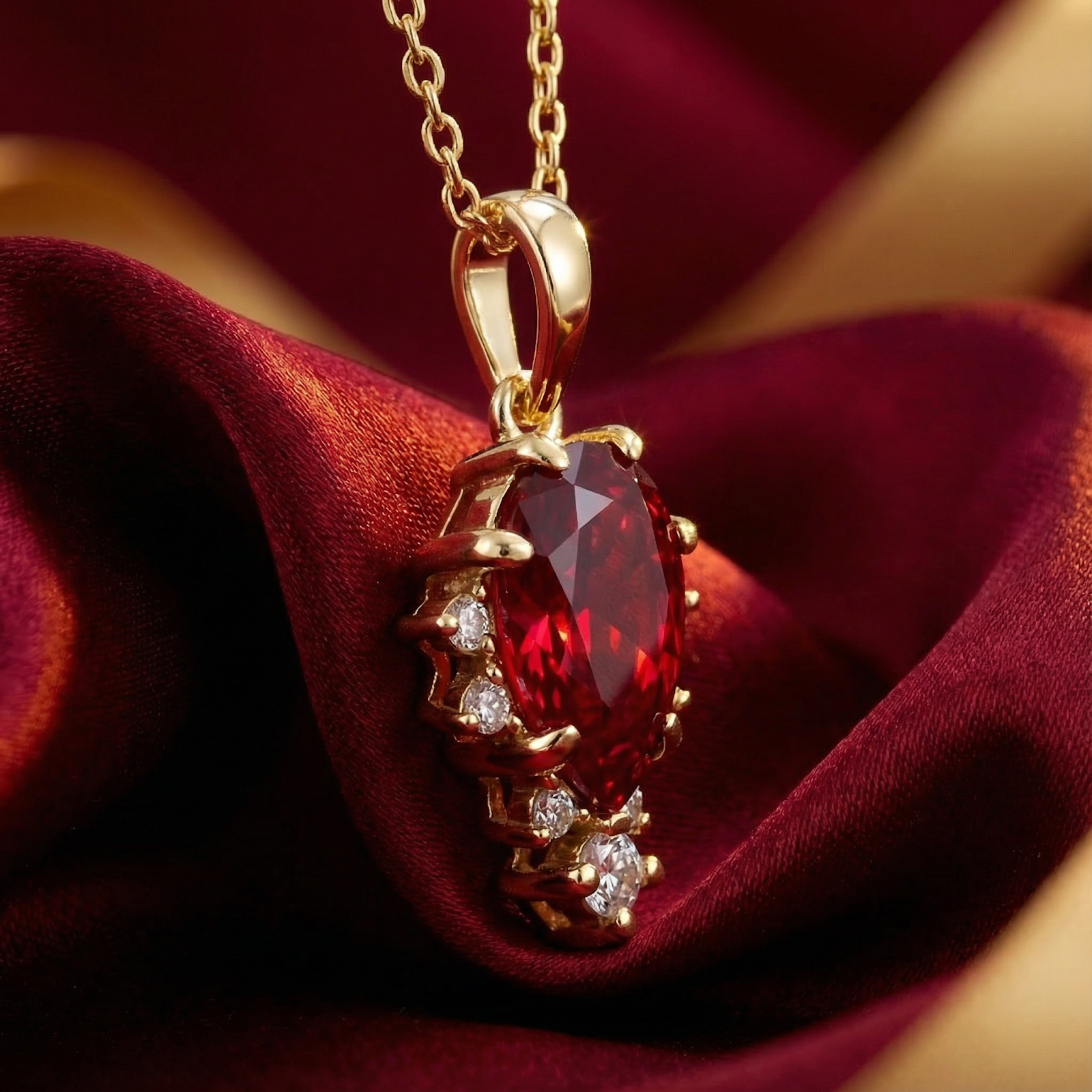 Side view of the Mirellia pear cut simulated ruby necklace in 18K gold vermeil resting on red fabric.