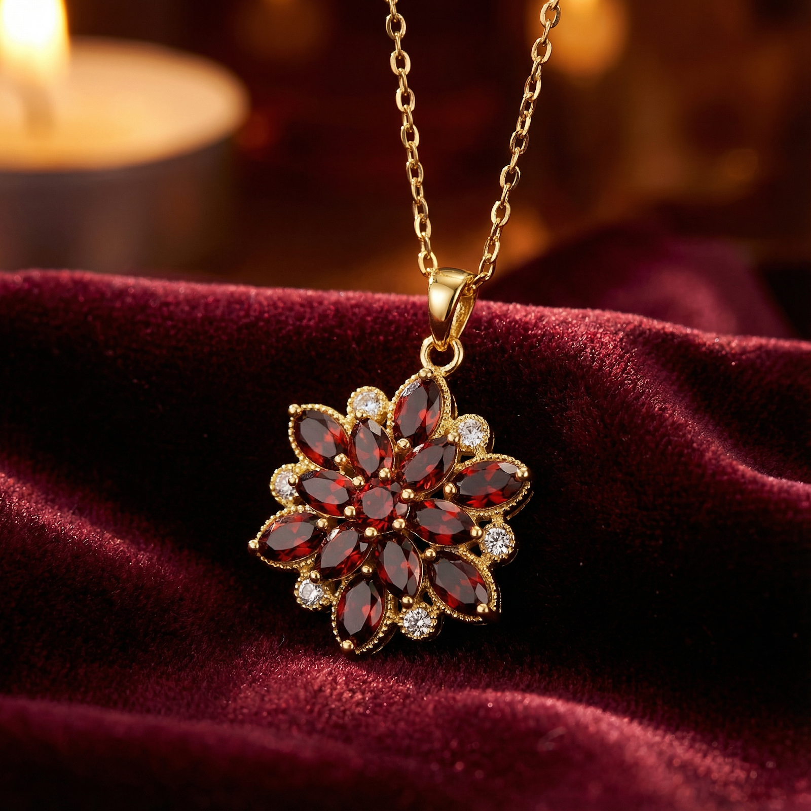 Gold finished stainless steel blossom necklace with marquise-cut simulated red garnets on red velvet.