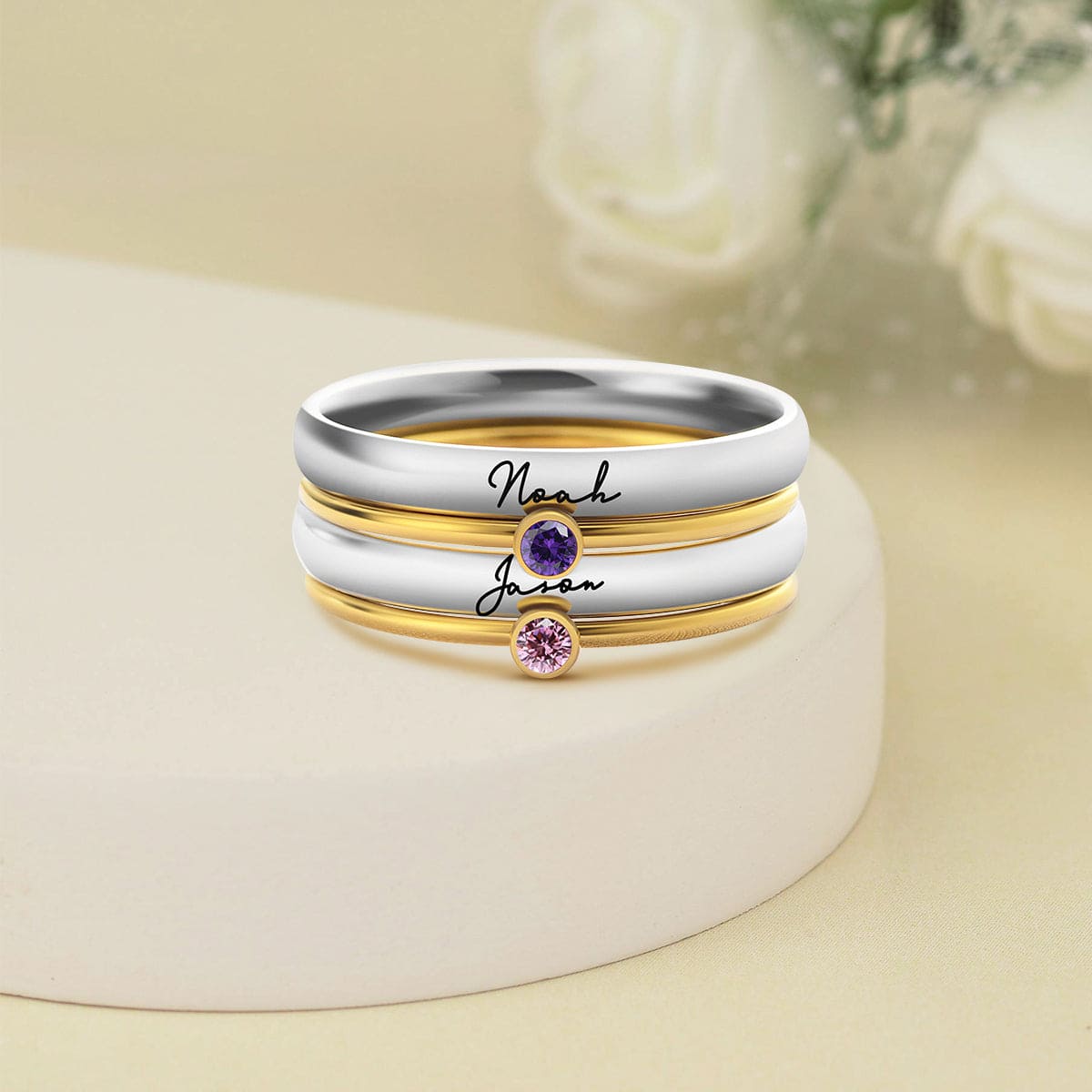 パーソナライズ刻印 誕生石リングセット - ステンレス製