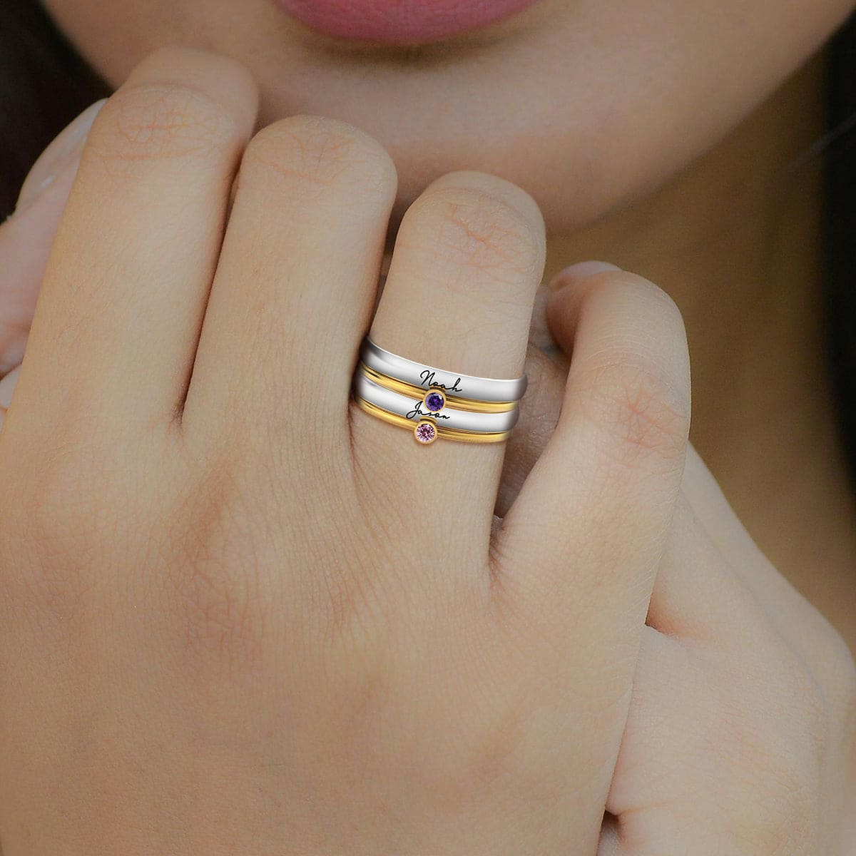 パーソナライズ刻印 誕生石リングセット - ステンレス製