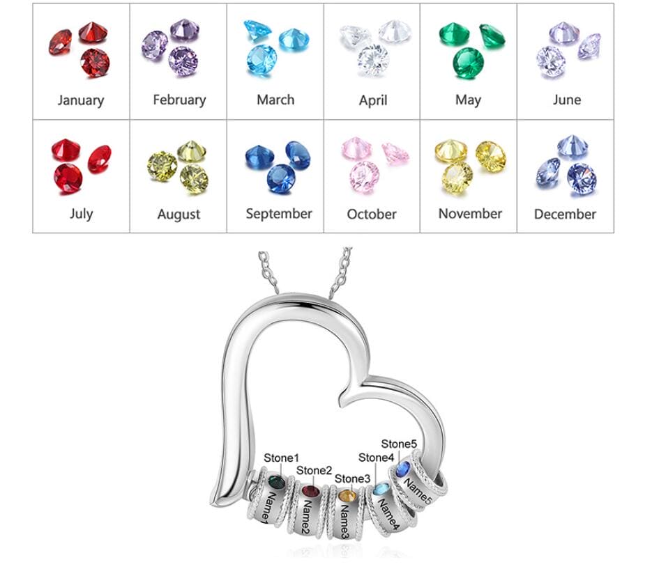 名前入りパーソナライズ家族ハート型誕生石ネックレス - ステンレス製