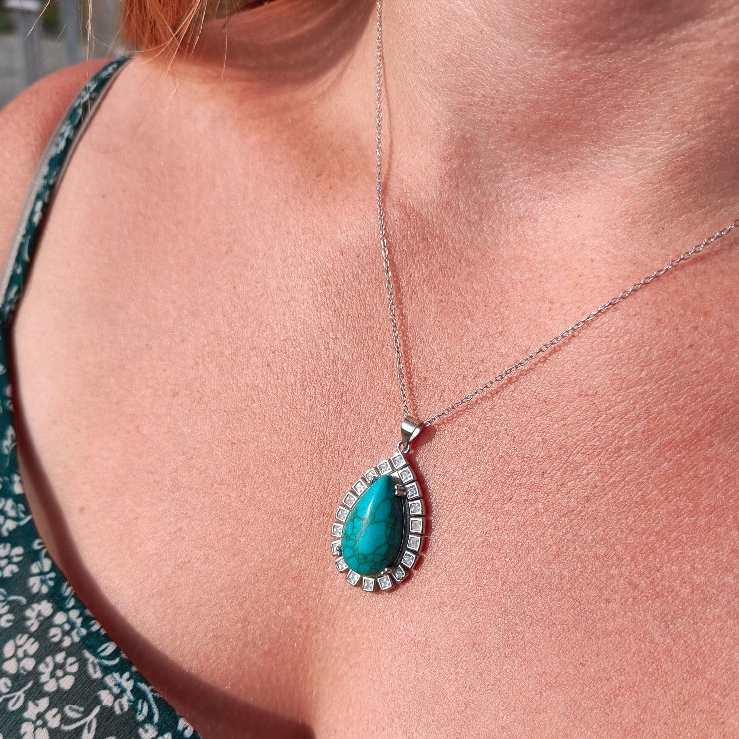 Azure Oceanic Pendant Necklace with a stunning turquoise stone set in sterling silver on model user generated content review