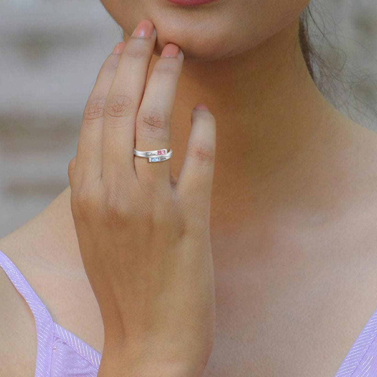 パーソナライズされたダブルプリンセスカット誕生石リング - S925スターリングシルバー